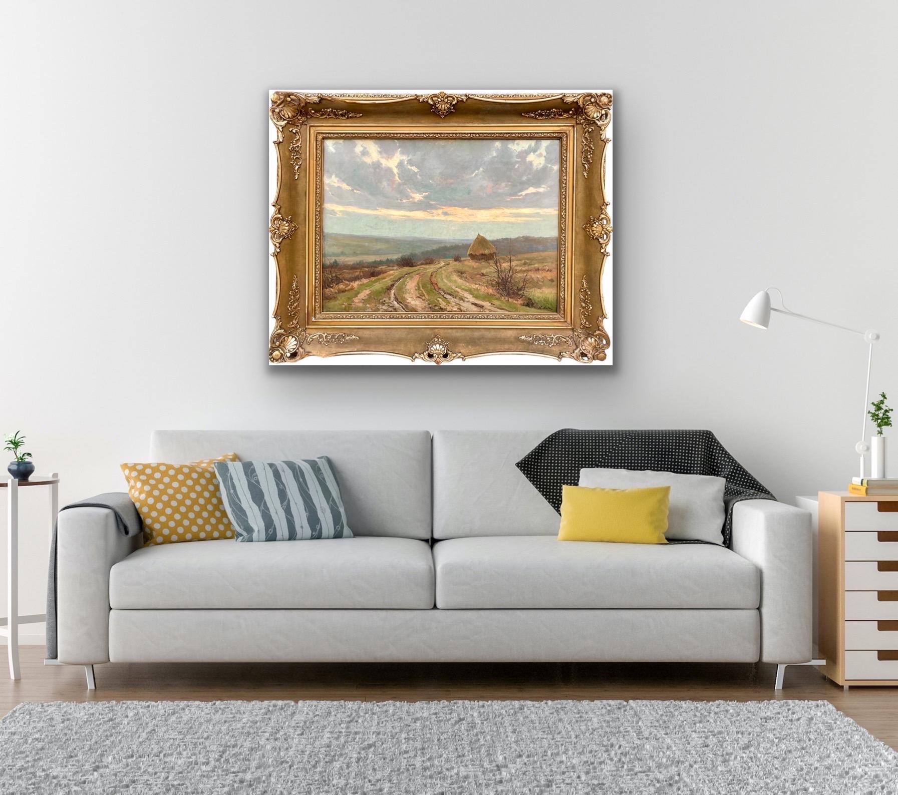 Large 19th century romantic painting - Hay Harvest - Une meule dans un paysage 4
