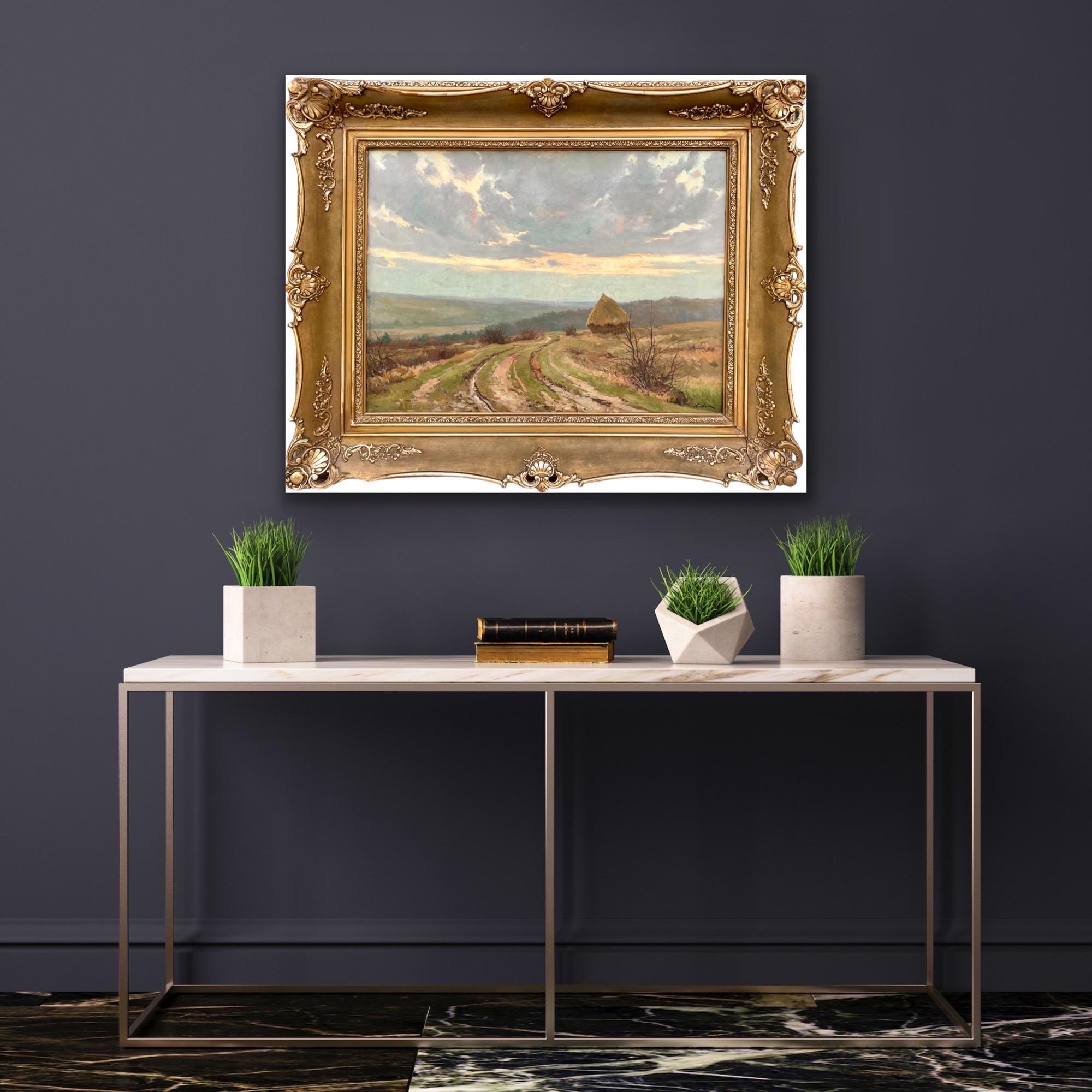 Large 19th century romantic painting - Hay Harvest - Une meule dans un paysage - Painting by Xavier Wurth