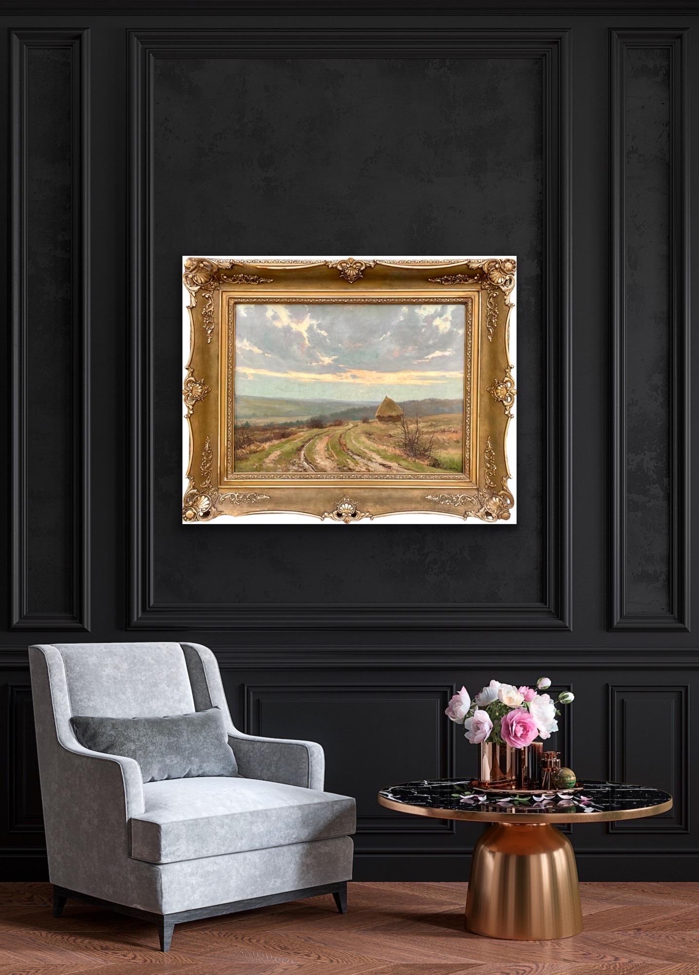 Large 19th century romantic painting - Hay Harvest - Une meule dans un paysage 2