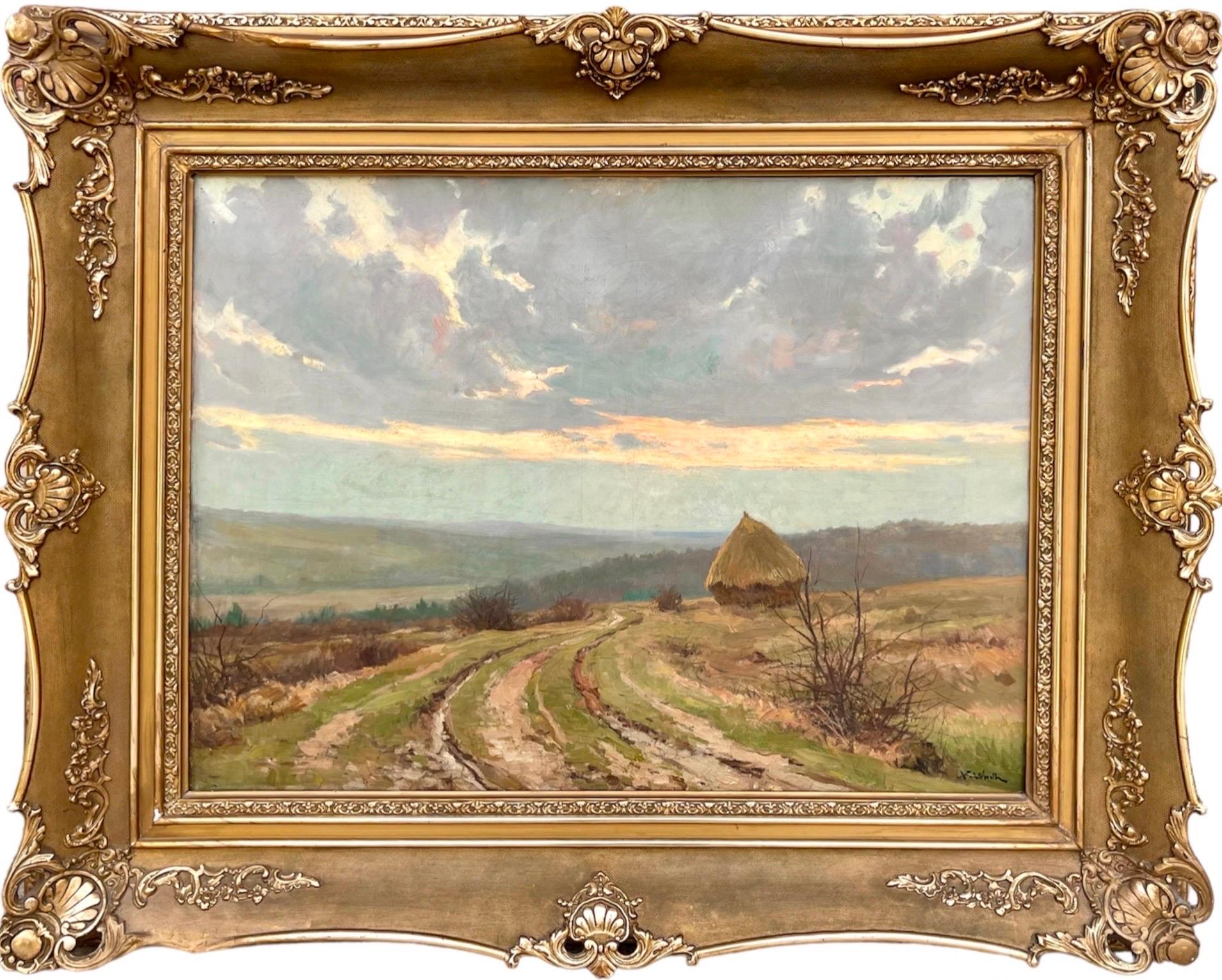 Xavier Wurth Figurative Painting - Large 19th century romantic painting - Hay Harvest - Une meule dans un paysage