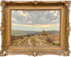 Antique Large 19th century romantic painting - Hay Harvest - Une meule dans un paysage