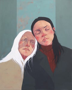 Connexion - Peinture acrylique originale dramatique abstraite avec portrait figuratif