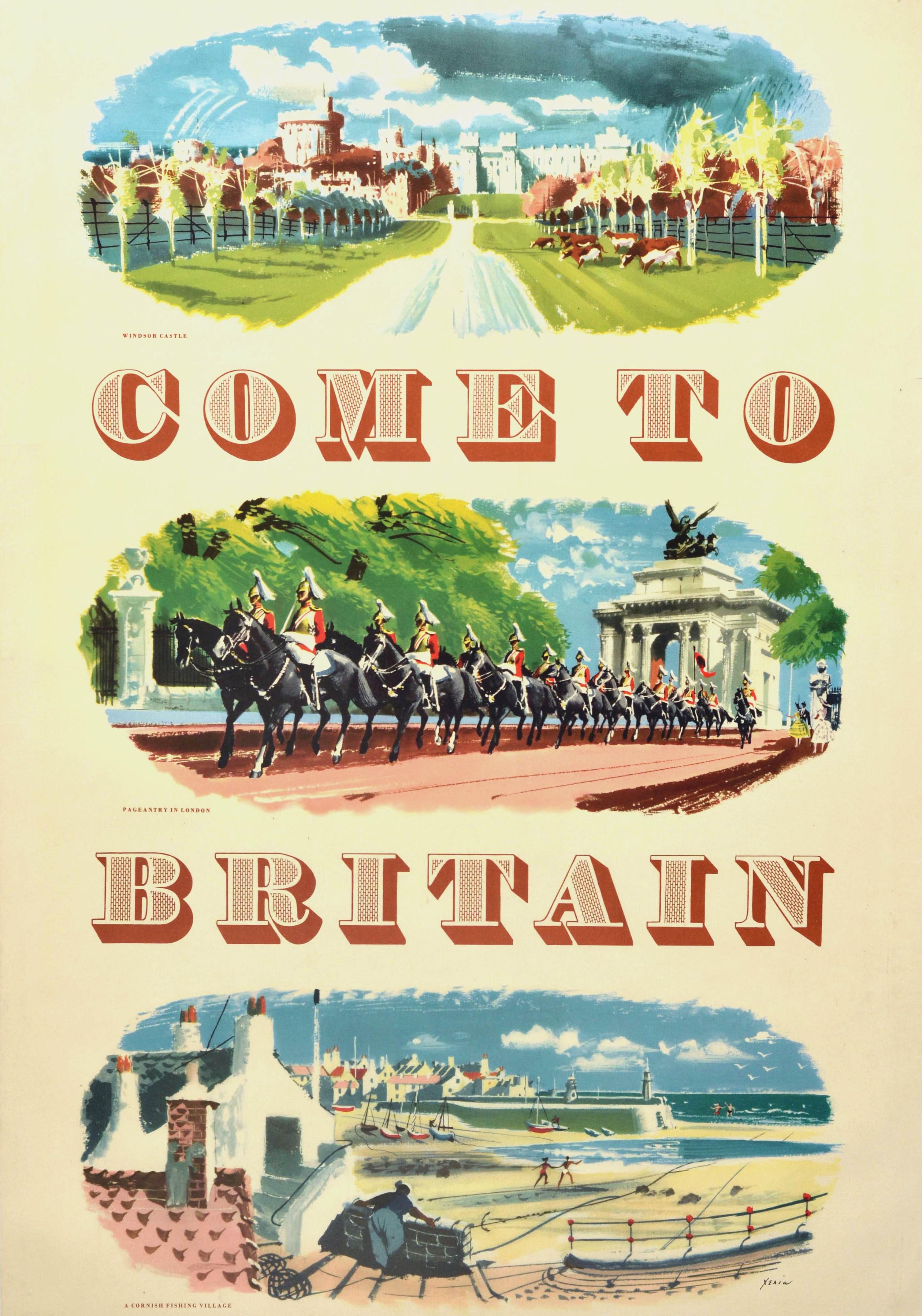 Affiche publicitaire originale d'époque publiée par la British Travel and Holidays Association pour promouvoir les diverses attractions touristiques traditionnelles, historiques et autres, à l'intention des visiteurs - Come to Britain - présentant