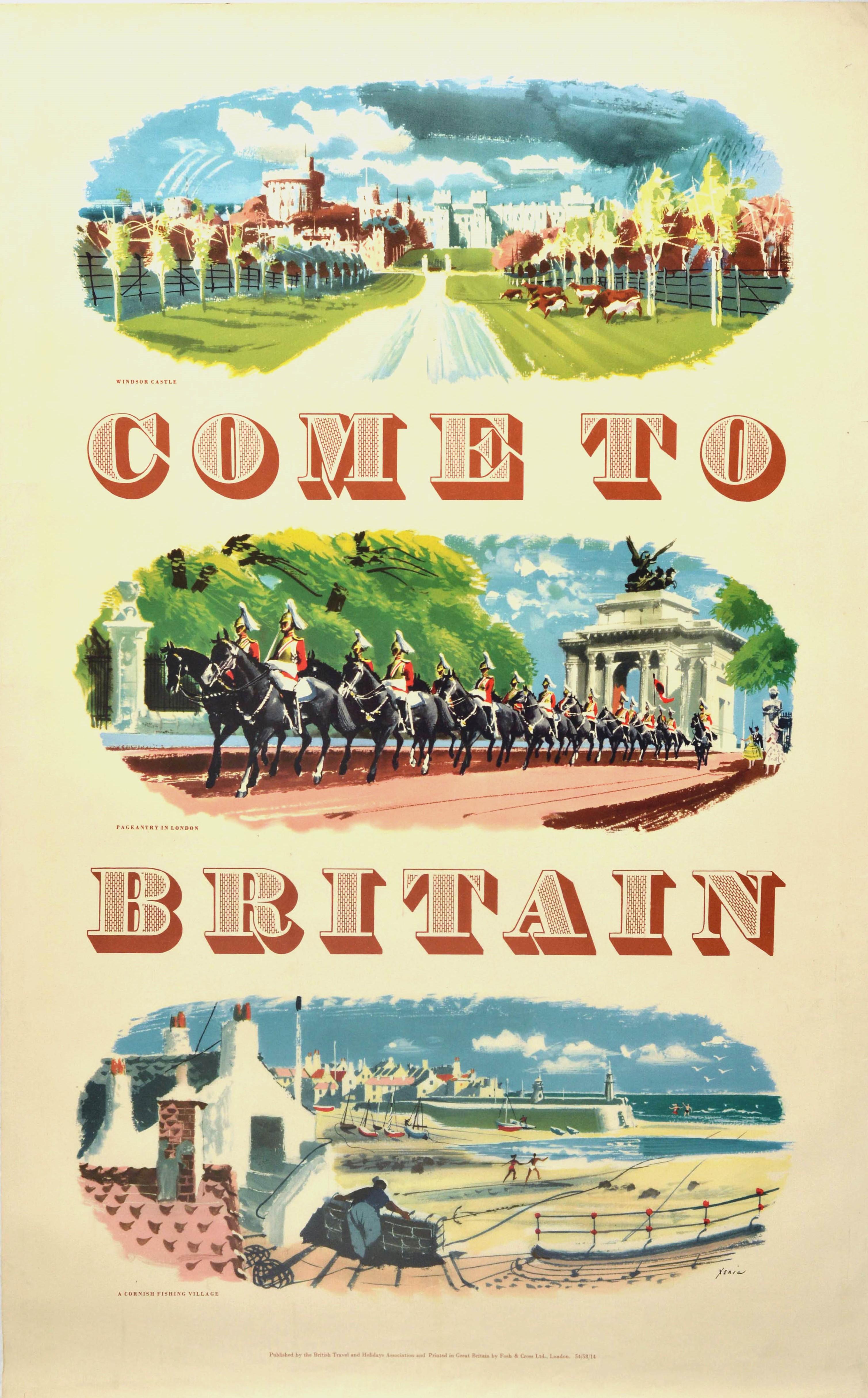 Print Xenia - Affiche vintage originale de voyage, Come to Britain, Château de Windsor, Londres, Cornouailles
