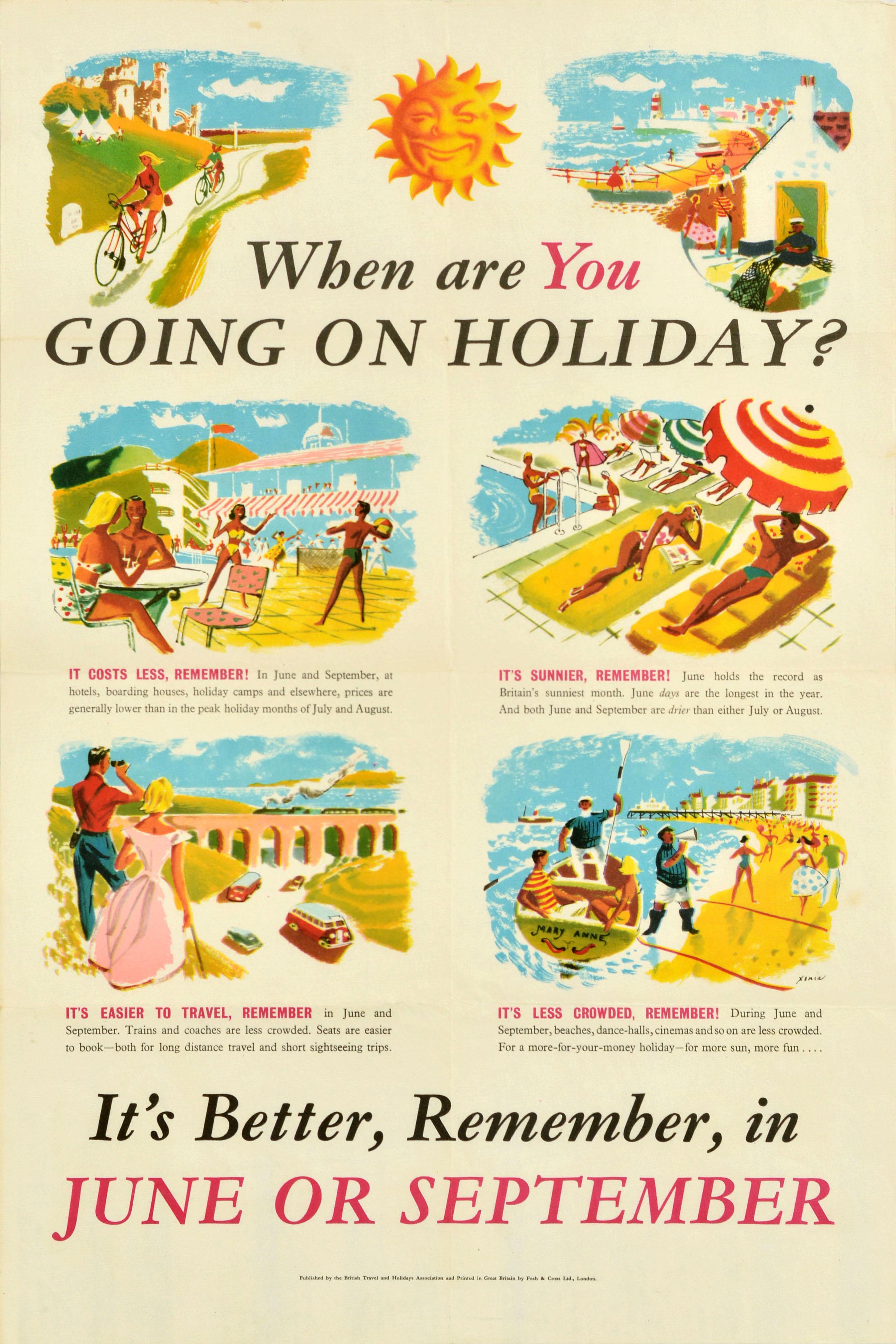 Original vintage travel poster promoting Holidays in Britain When are You going on holiday? It's Better, Remember, in June or September featuring colourful illustrations showing people enjoying a drink and playing games at a hotel resort, sunbathing