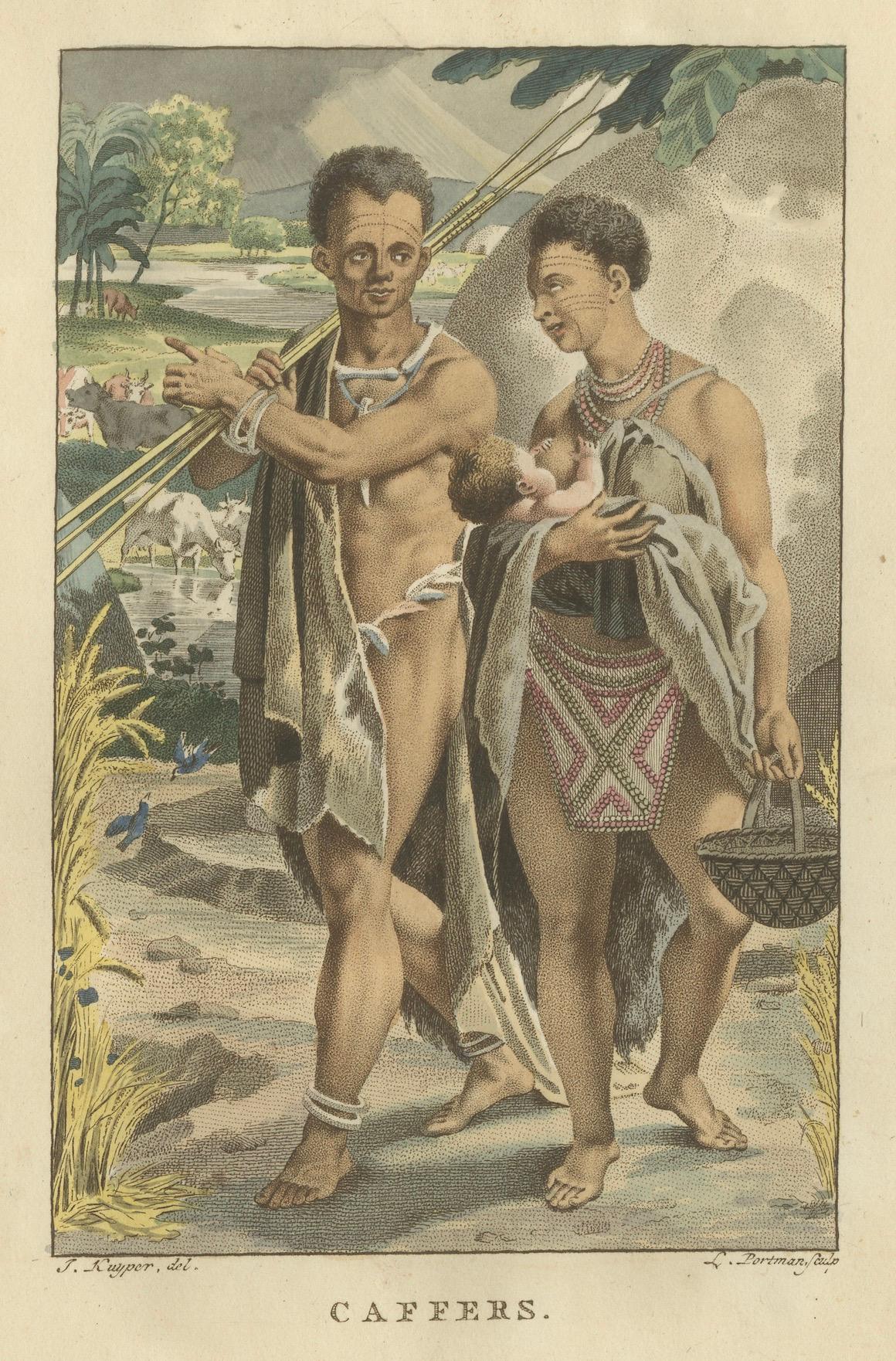 Xhosa Family of Southern Africa – Old Hand-Colored Ethnographic Engraving, 1803