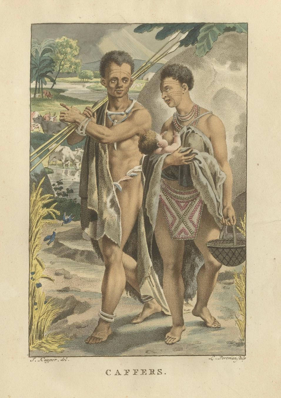 Xhosa Family of Southern Africa – Old Hand-Colored Ethnographic Engraving, 1803