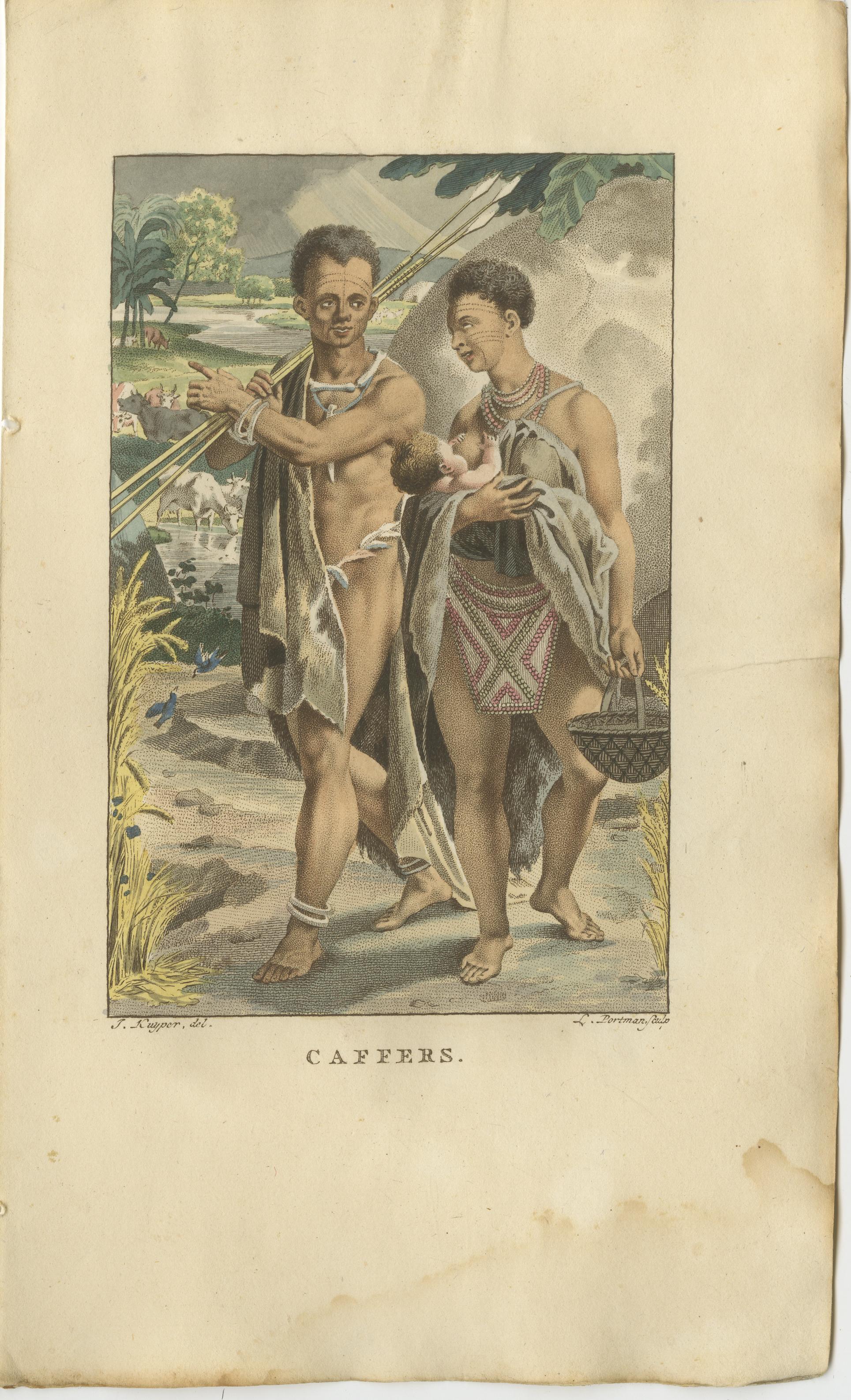 Xhosa Family of Southern Africa – Old Hand-Colored Ethnographic Engraving, 1803