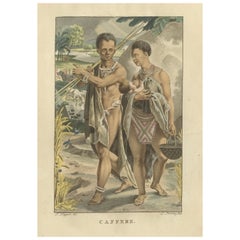 Famille Xhosa d
Afrique australe - Gravure ethnographique ancienne coloriée à la main, 1803