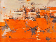 Xianchao He - Olio su tela originale contemporaneo "Barca da pesca al tramonto".