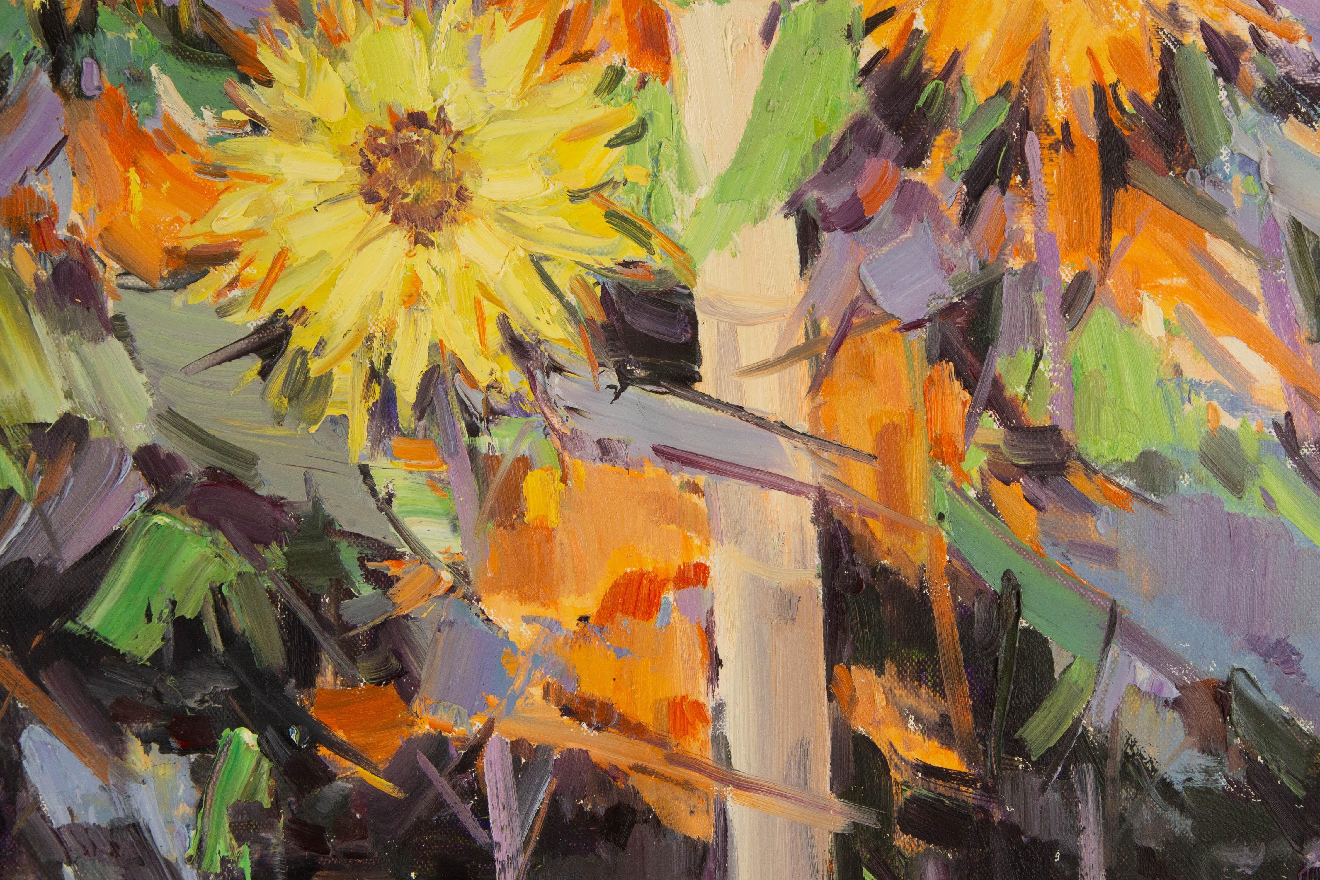  Titre : Tournesol
 Médium : Huile sur toile
 Taille : 19.5 x 23.5 pouces
 Cadre : Options d'encadrement disponibles !
 Condit : Le tableau semble être en excellent état.
 Note : Cette peinture n'est pas tendue
 Année : 2000 CIRCA
 Artistics :
