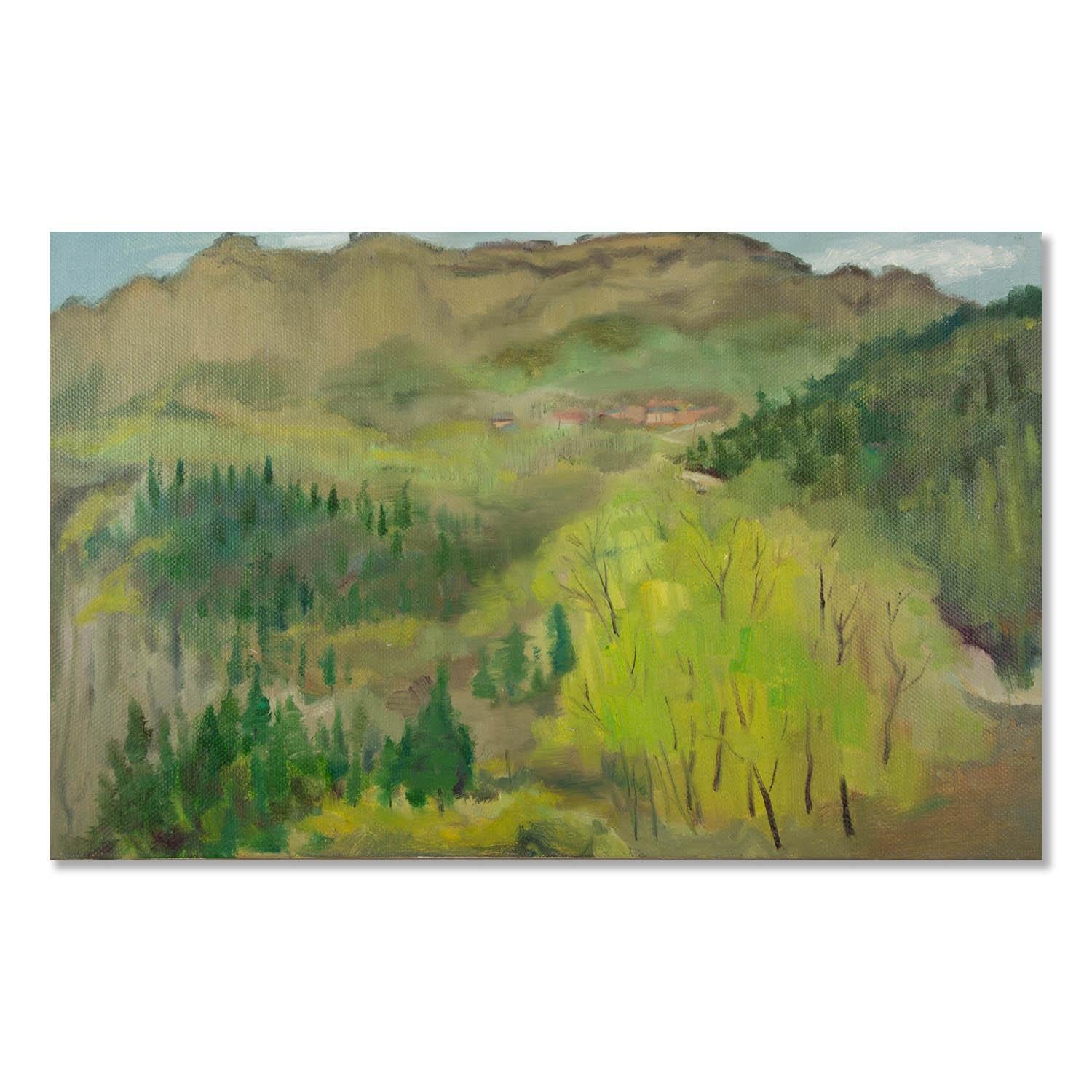  Title: The Spring Of TheTaihang Mountains
 Medium: Oil on canvas
 Size: 19 x 31 inches
 Frame: Framing options available!
 Condition: The painting appears to be in excellent condition.
 
 Year: 2000 Circa
 Artist: Xiang Niu
 Signature: Unsigned
