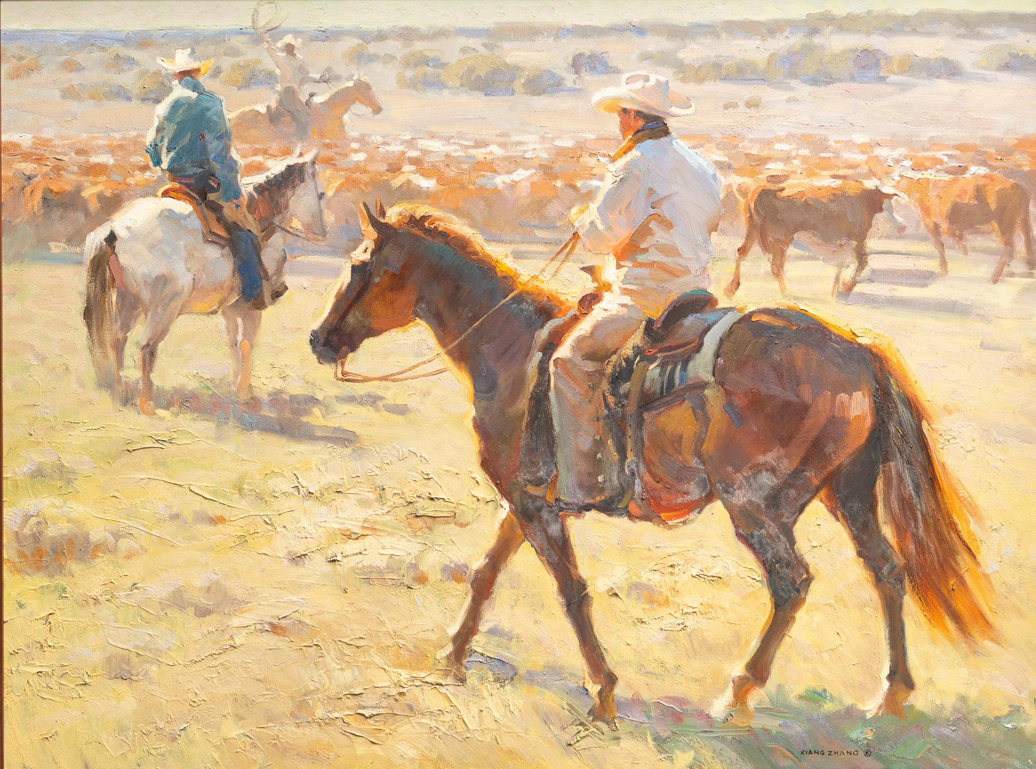 Xiang Zhang Figurative Painting - "A Santa Fe Ranch" Western Scene with Cowboys Horses Sunrise Landscape Cows Herd
