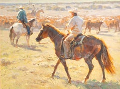 "Scène western avec cow-boys, chevaux, lever de soleil, paysage, troupeaux de vaches.