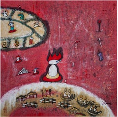 "Any Life of Home," Symbolic Mixed Media Painting on Paper signed by Xiao Ming