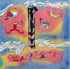 "The East Light," Symbolic Mixed Media Painting on Paper signed by Xiao Ming
