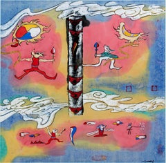 "The East Light, " Symbolic Mixed Media Painting on Paper signed by Xiao Ming