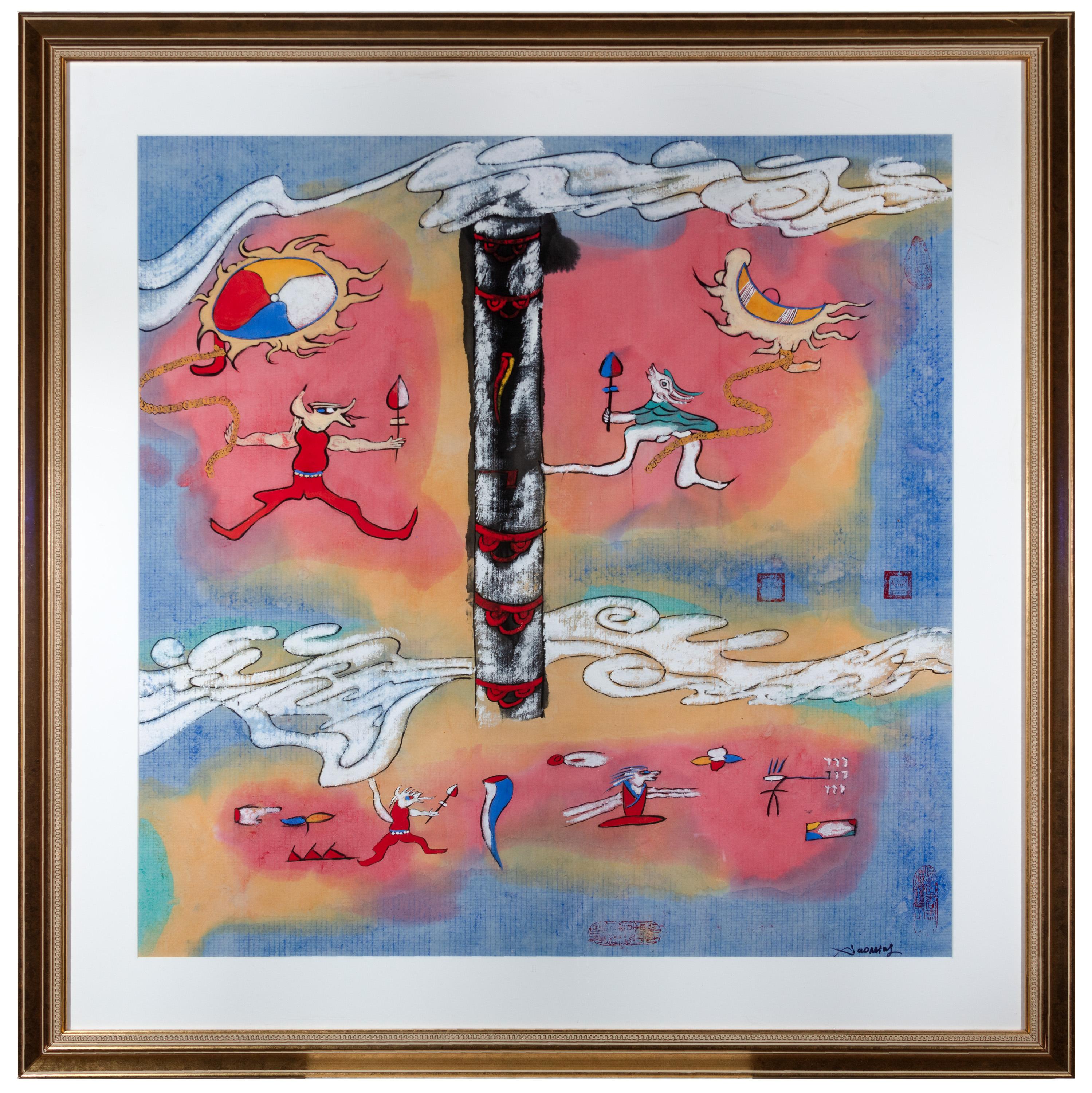 "The East Light, " Symbolic Mixed Media Painting on Paper, Signed - Mixed Media Art by Xiao Ming