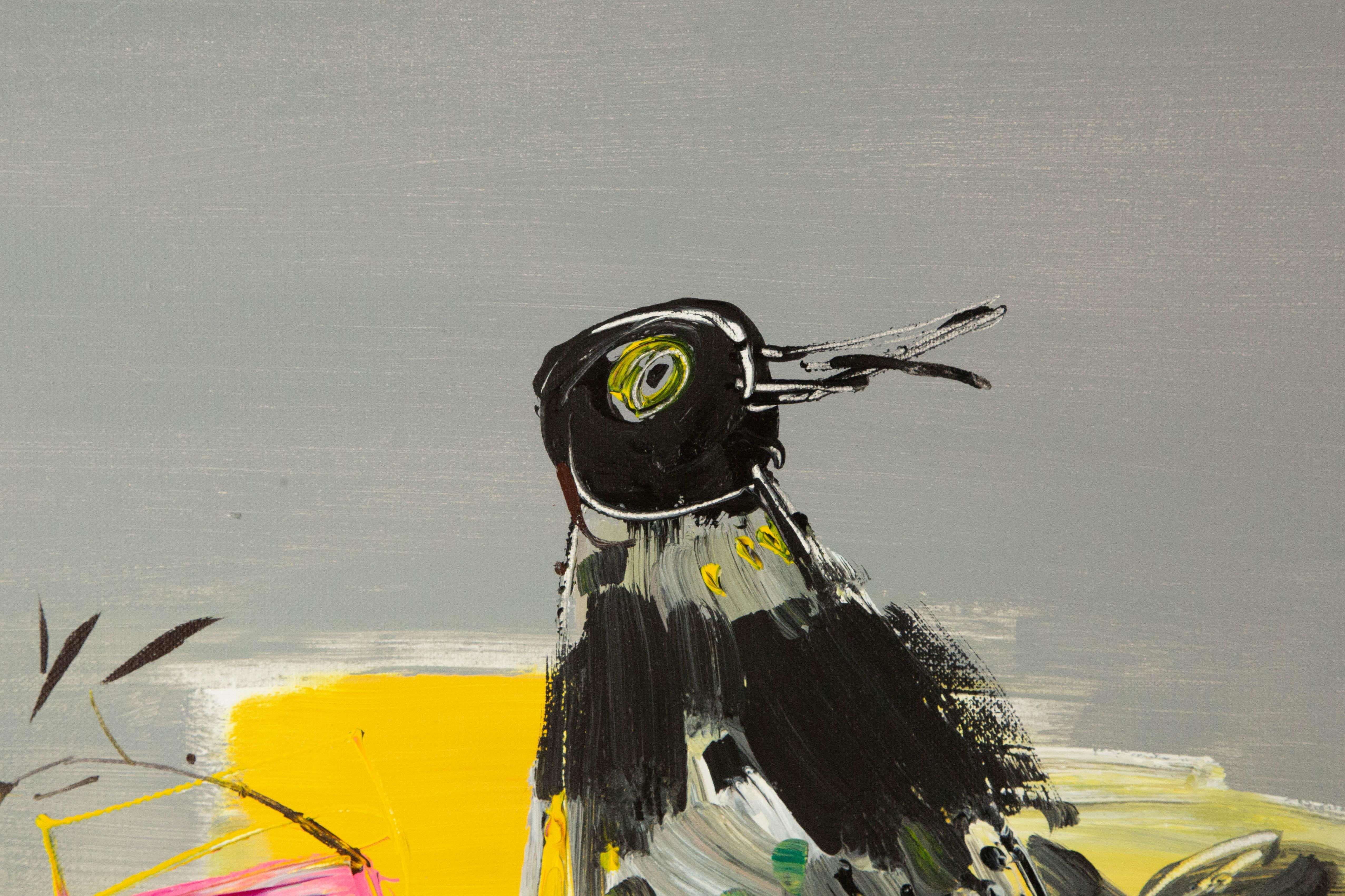  Titre : Oiseau avec vin Série II
 Médium : Huile sur toile
 Taille : 29 x 29 pouces
 Cadre : Options d'encadrement disponibles !
 Condit : Le tableau semble être en excellent état.
 
 Année : 2000 CIRCA
 Artistics : XiaoChi Tian
 Signature : Signé
