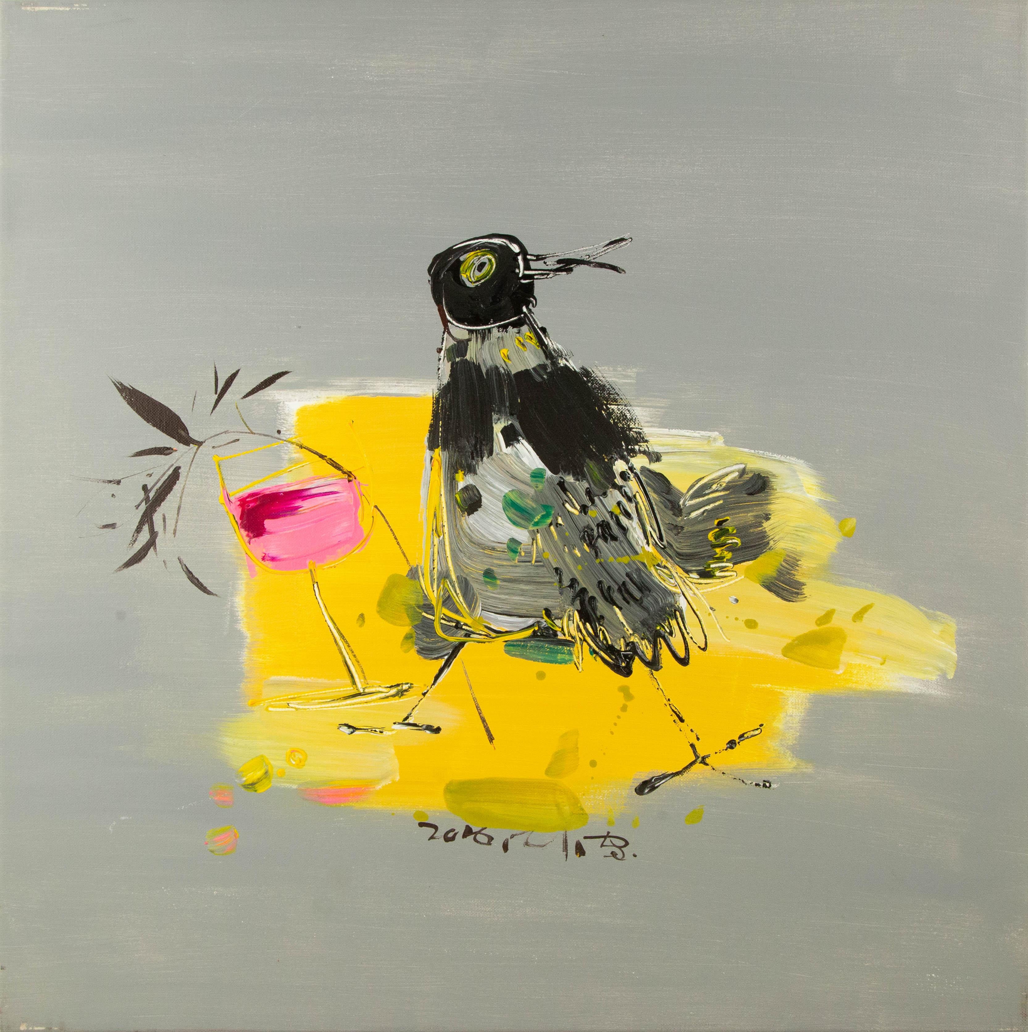 Abstract Painting Xiaochi Tian - XiaoChi Tian Contemporary Original Acrylic On Canvas "Bird With Wine Series II" (Oiseau avec du vin)