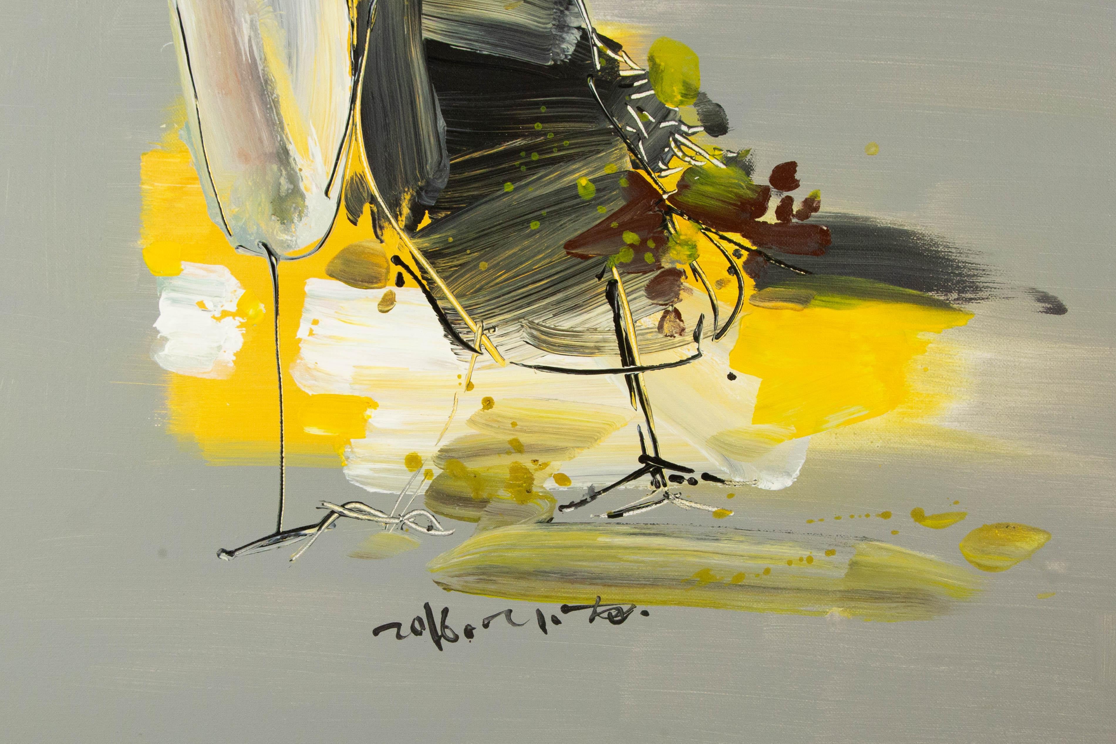  Title: Bird With Wine Series III
 Medium: Oil on canvas
 Size: 29 x 29 inches
 Frame: Framing options available!
 Condition: The painting appears to be in excellent condition.
 
 Year: 2000 Circa
 Artist: XiaoChi Tian
 Signature: Signed
 Signature