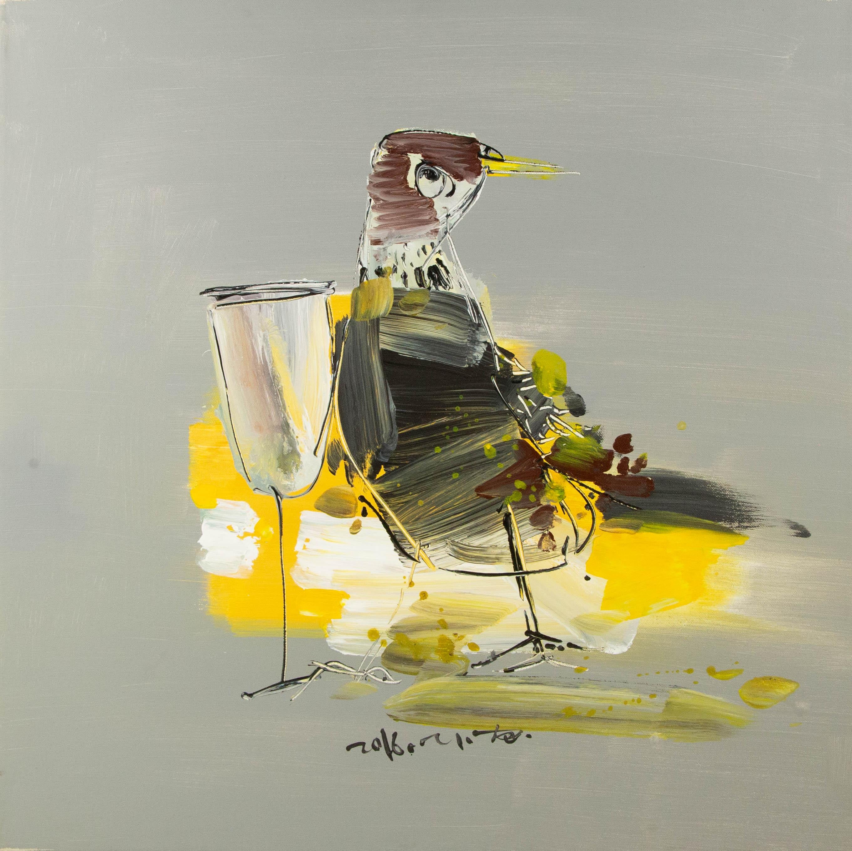 Xiaochi Tian Abstract Painting - XiaoChi Tian Contemporary Original Acrylic Painting "Bird With Wine Series III"