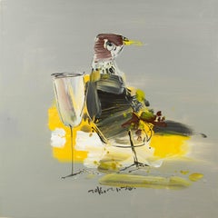 XiaoChi Tian Contemporary Original Acrylic Painting "Bird With Wine Series III"