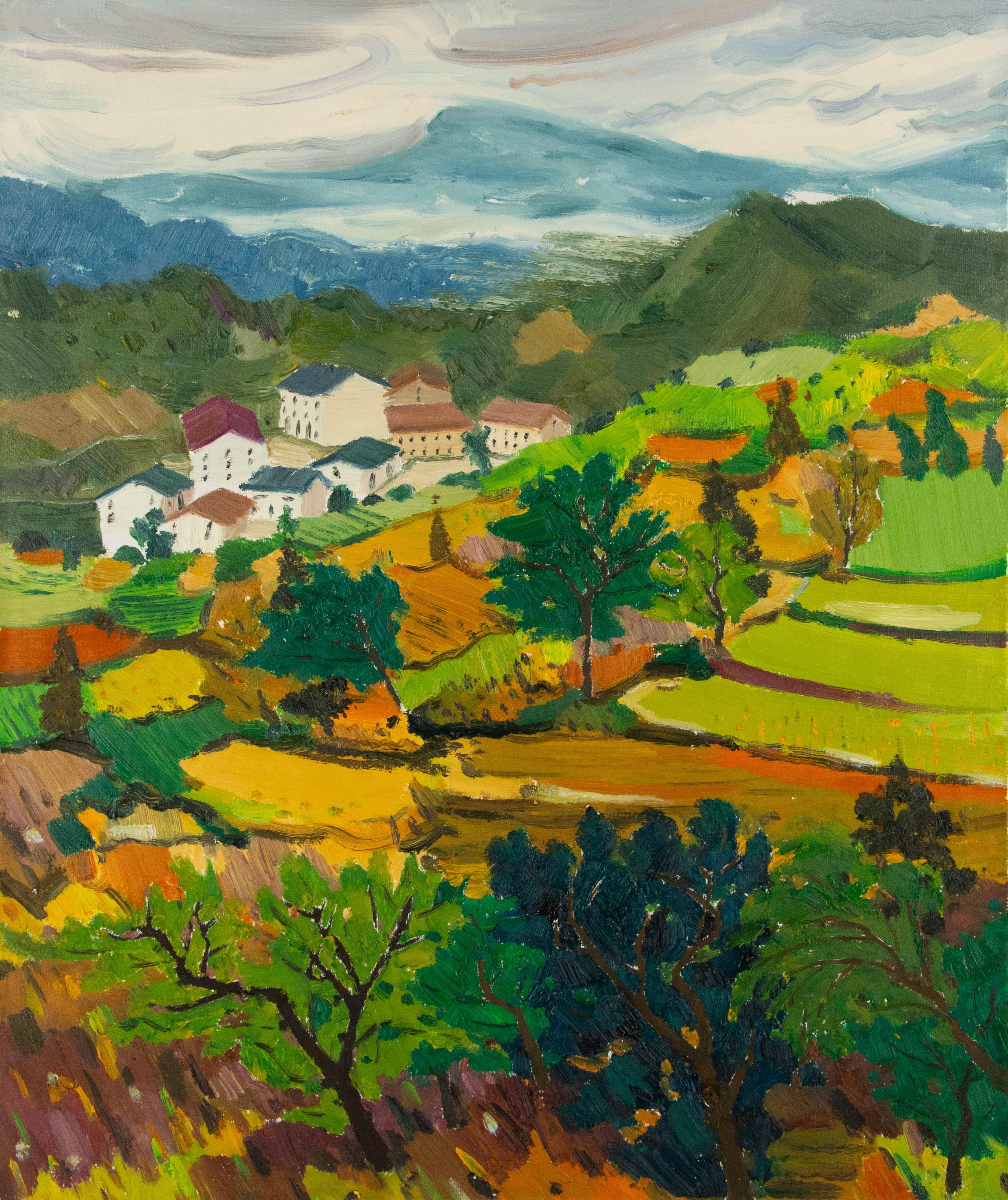  Titel: Houses In The Mountains
 Medium: Öl auf Leinwand
 Größe: 23 x 19 Zoll
 Rahmen: Einrahmungsmöglichkeiten vorhanden!
 Zustand: Das Gemälde scheint in ausgezeichnetem Zustand zu sein.
 Hinweis: Dieses Gemälde ist nicht aufgespannt.
 Jahr: 2000