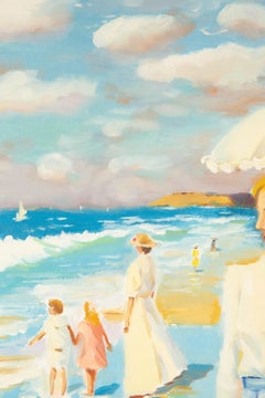 Xiaoxia Yang Retrato Óleo Original Sobre Lienzo "Señoras Paseando Por La Playa"