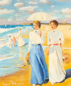Xiaoxia Yang Portrait Original Oil On Canvas "Ladies Walking On The Beach"