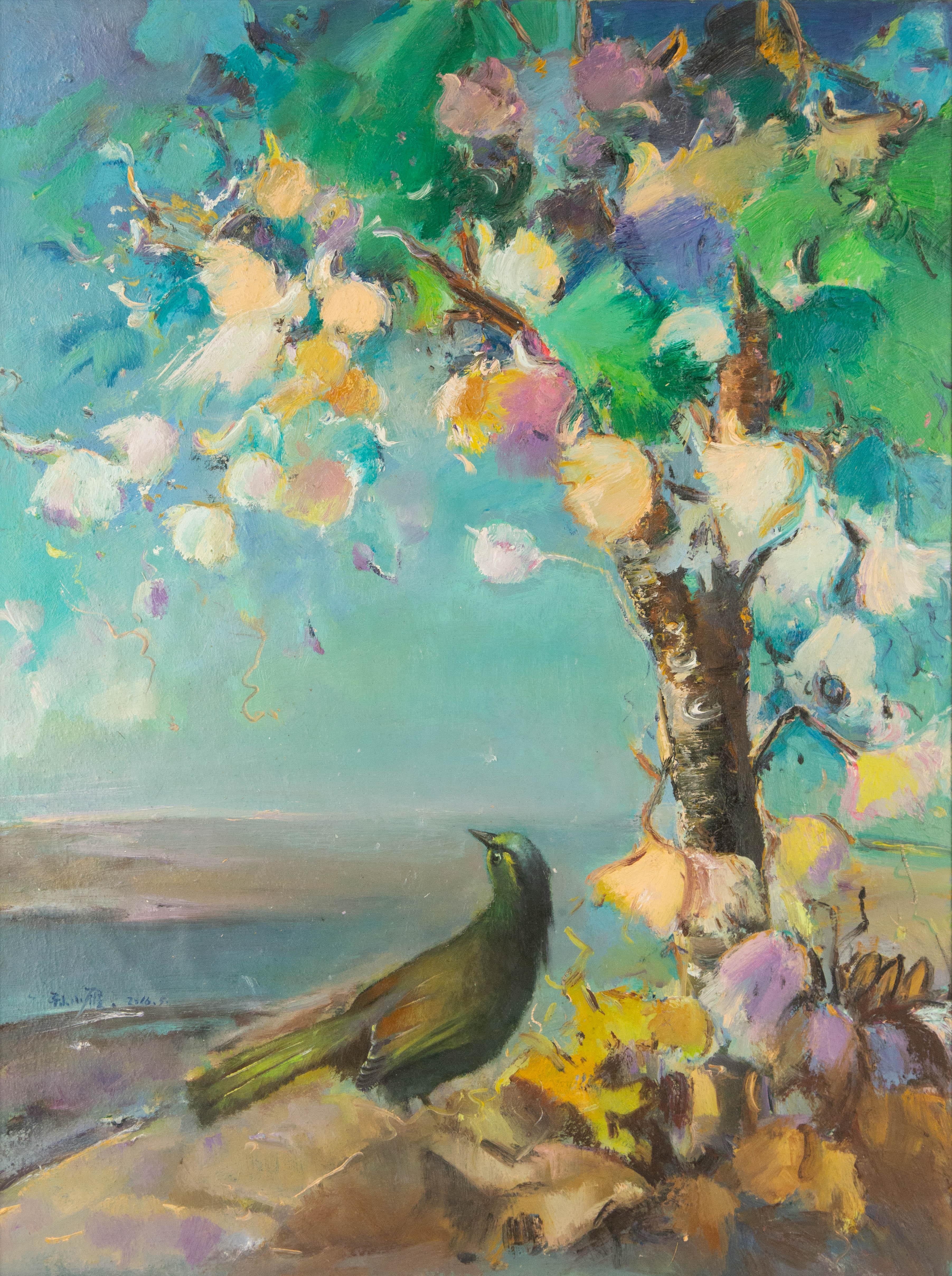 Xiaoyan Sun Landscape Painting – Chinesisches Xiaoyan-Sonnentier, Original-Ölgemälde „Fantasy World“
