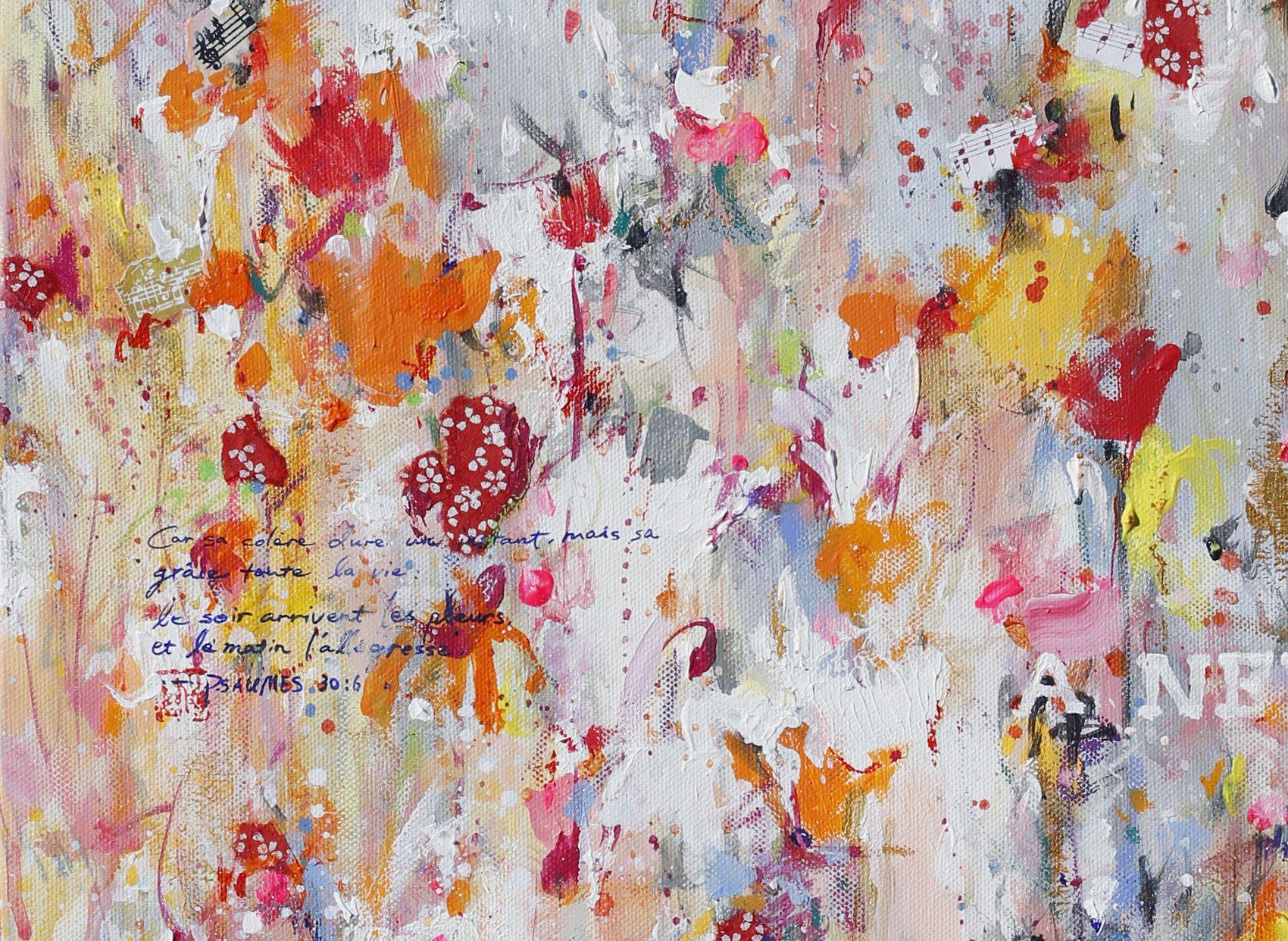 I fiori e i versetti della Bibbia mi ispirano! Si tratta di un dipinto colorato e ricco di dettagli e texture. Originale venduto, collezione privata in Svizzera. Stampa d'arte in edizione limitata su tela Canson di qualità museale da 395 g/m², che