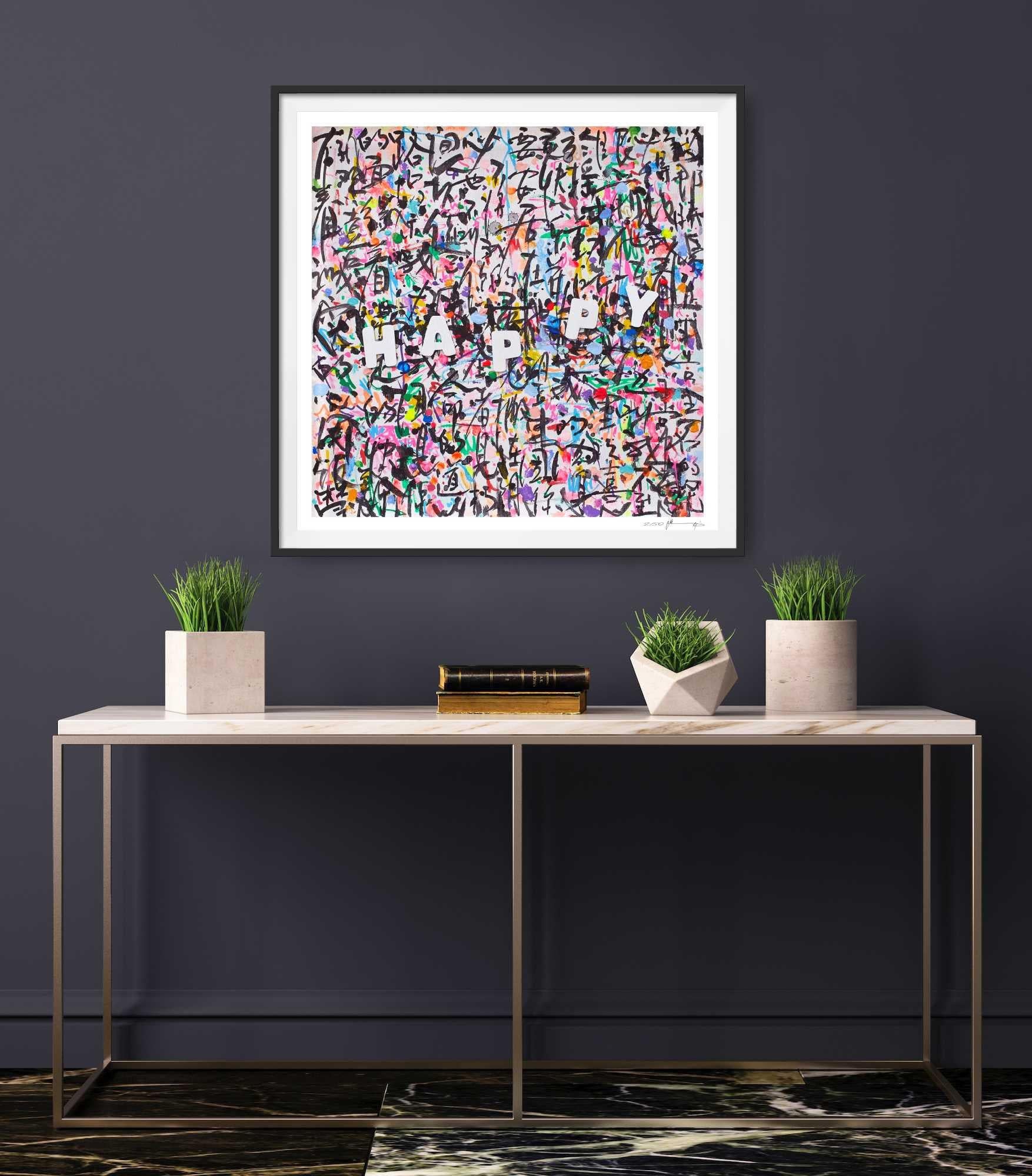Such a happy artwork! The artwork looks even more vibrant in person, as I used metallic and neon colors. Inspired by prayer, Chinese calligraphy and graffiti art, this artwork is rich in texture and details.  It is a small but luminous work to