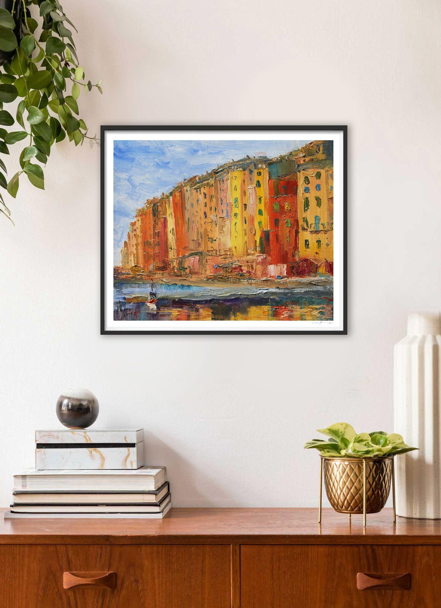 Oil painting painted in 2005, inspired by my travels to the Cinqueterre in Italy... The Italian joie de vivre is reflected in the colors of the landscape and the architecture. A small painting rich in colors and textures. Original sold, private