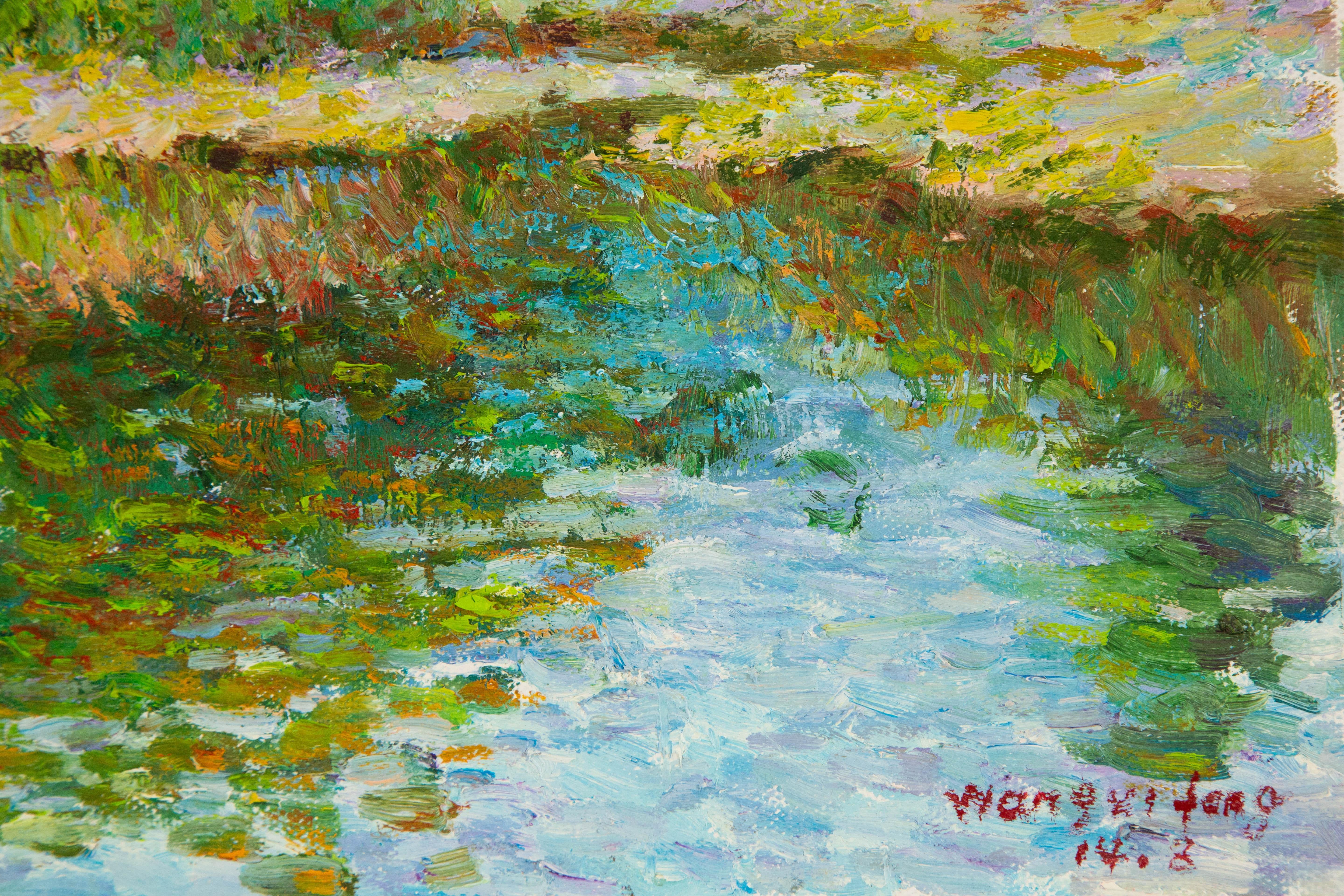 XiFang Wang Landschaft, Original, Ölgemälde auf Leinwand, „Frühling am See“, XiFang Wang im Angebot 4