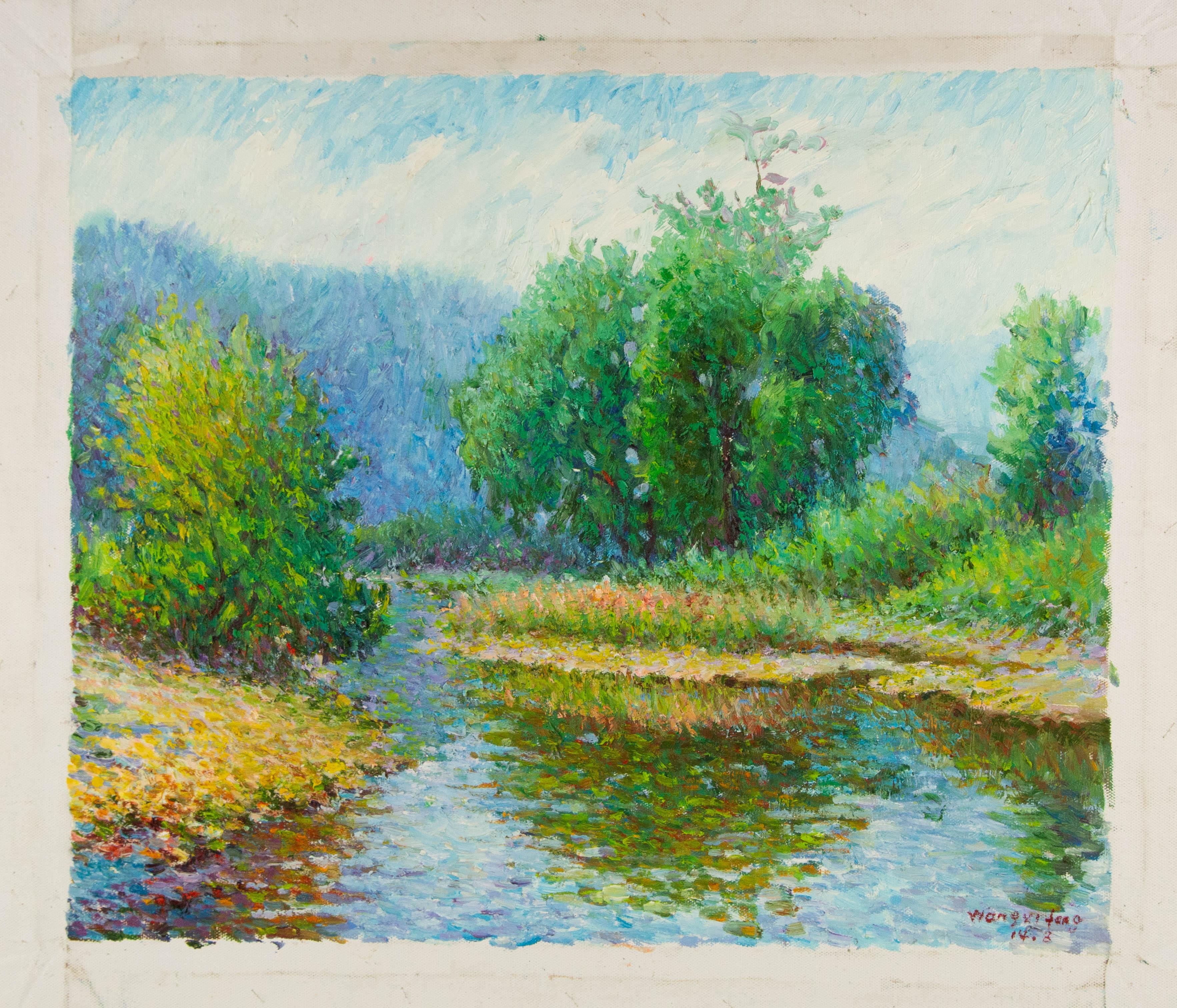XiFang Wang Landschaft, Original, Ölgemälde auf Leinwand, „Frühling am See“, XiFang Wang im Angebot 7