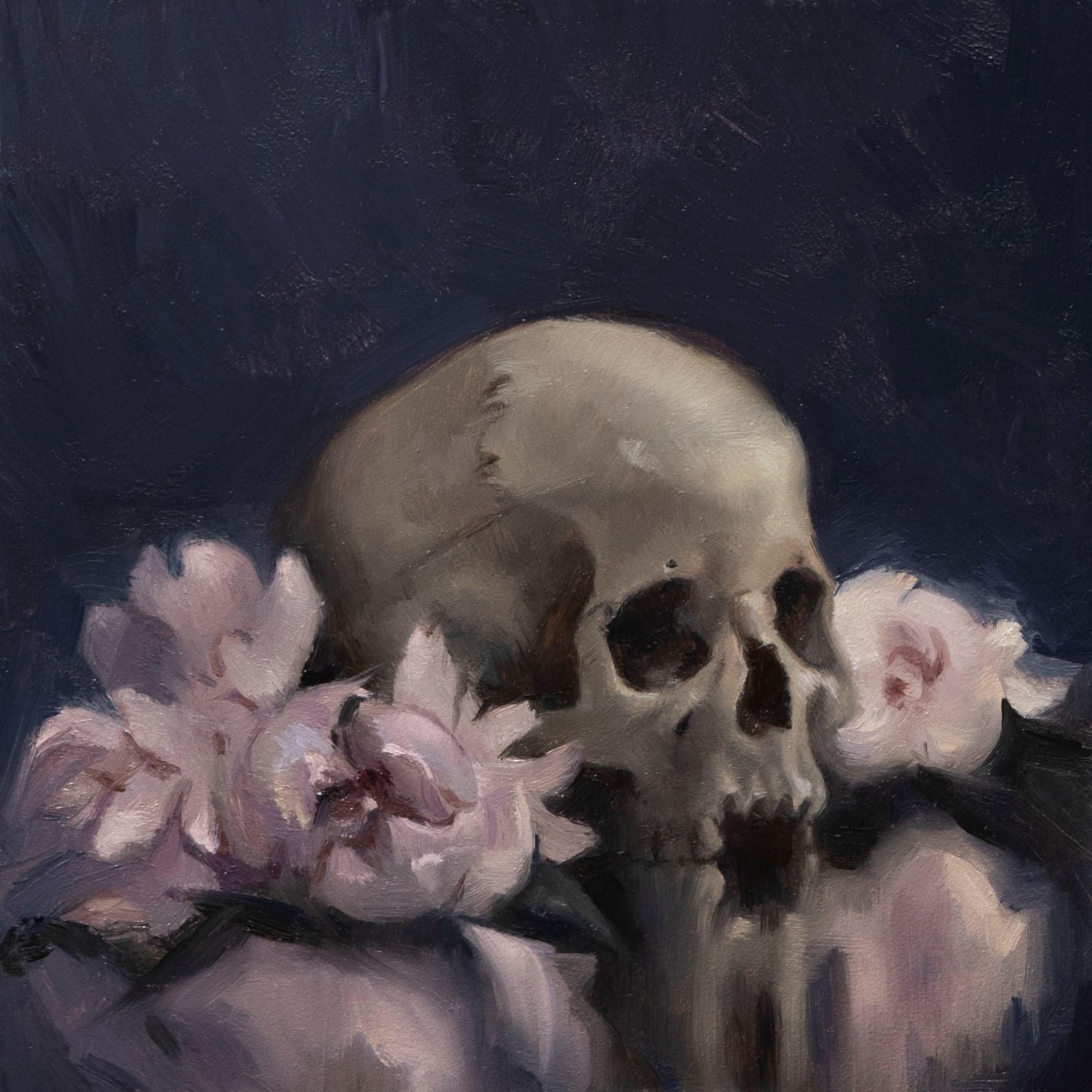 Ximena Rendon Still-Life Painting - "Skull and Peonies, " Oil Painting