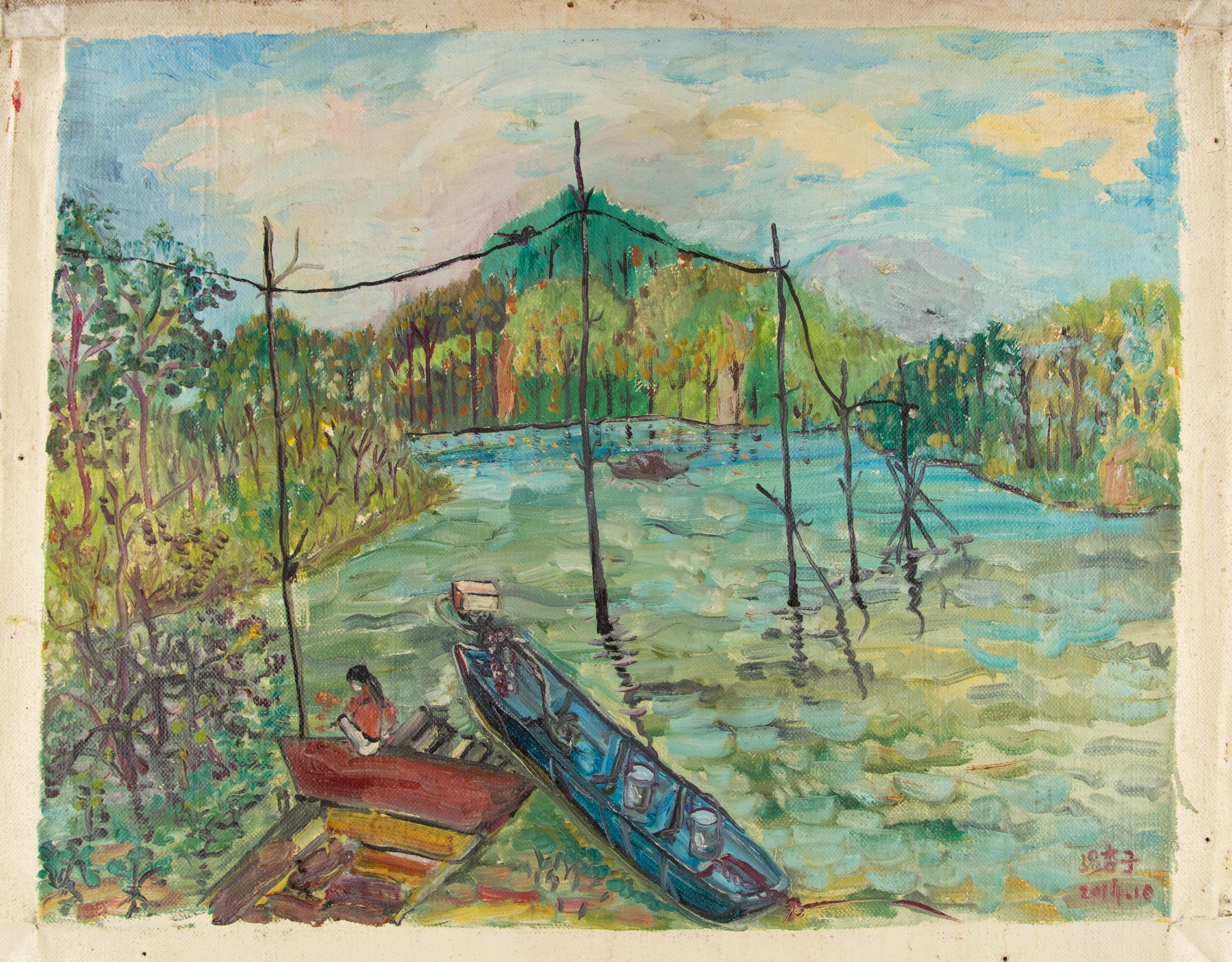 Xingzi Wen Paesaggio acquatico originale Olio su tela 