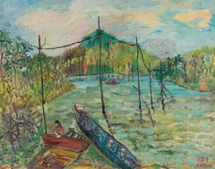 Xingzi Wen Paesaggio acquatico originale Olio su tela "Donna vicino alla barca"