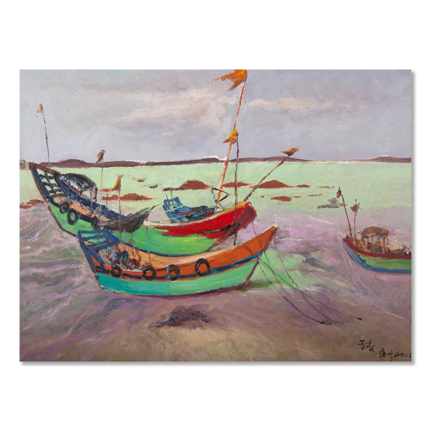  Title: Boats 1
 Medium: Oil on canvas
 Size: 22 x 29 inches
 Frame: Framing options available!
 Condition: The painting appears to be in excellent condition.
 
 Year: 2015
 Artist: XinSheng Zhuang
 Signature: Signed
 Signature Location: Lower
