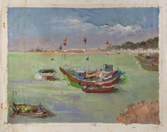 Xinsheng Zhuang Wasserlandschaft Original Öl auf Leinwand "Boote"