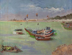 Xinsheng Zhuang Wasserlandschaft Original Öl auf Leinwand "Boote"