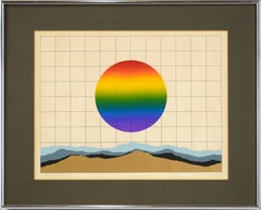 "El sol brilla por todas partes", serigrafía de paisaje abstracto geométrico vintage