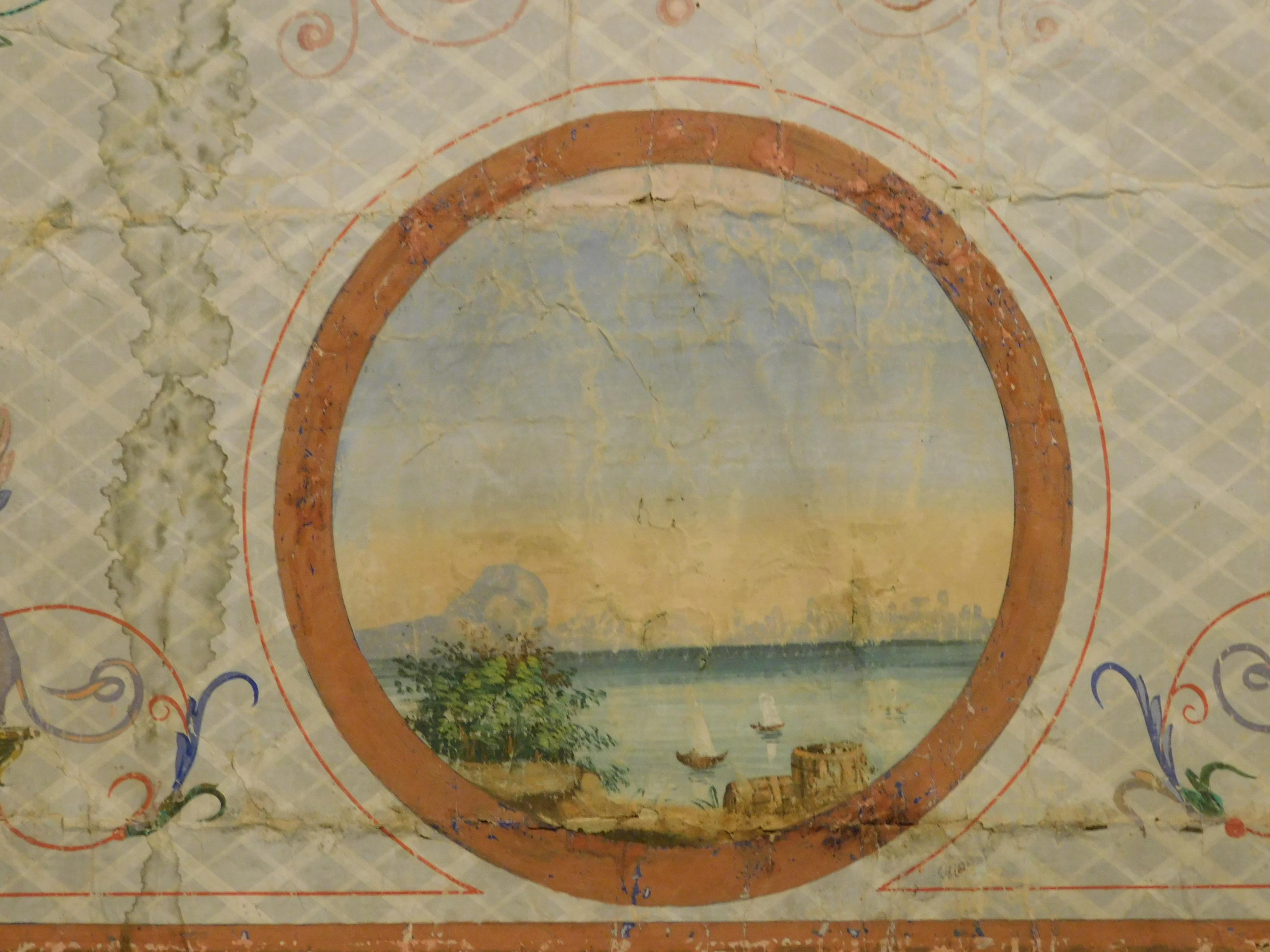 19. Jahrhundert antike dekorative Tafel auf Papier, Idee für über Kamin oder Kopfteil, weiche und Pastellfarben, aus dem alten italienischen Haus.