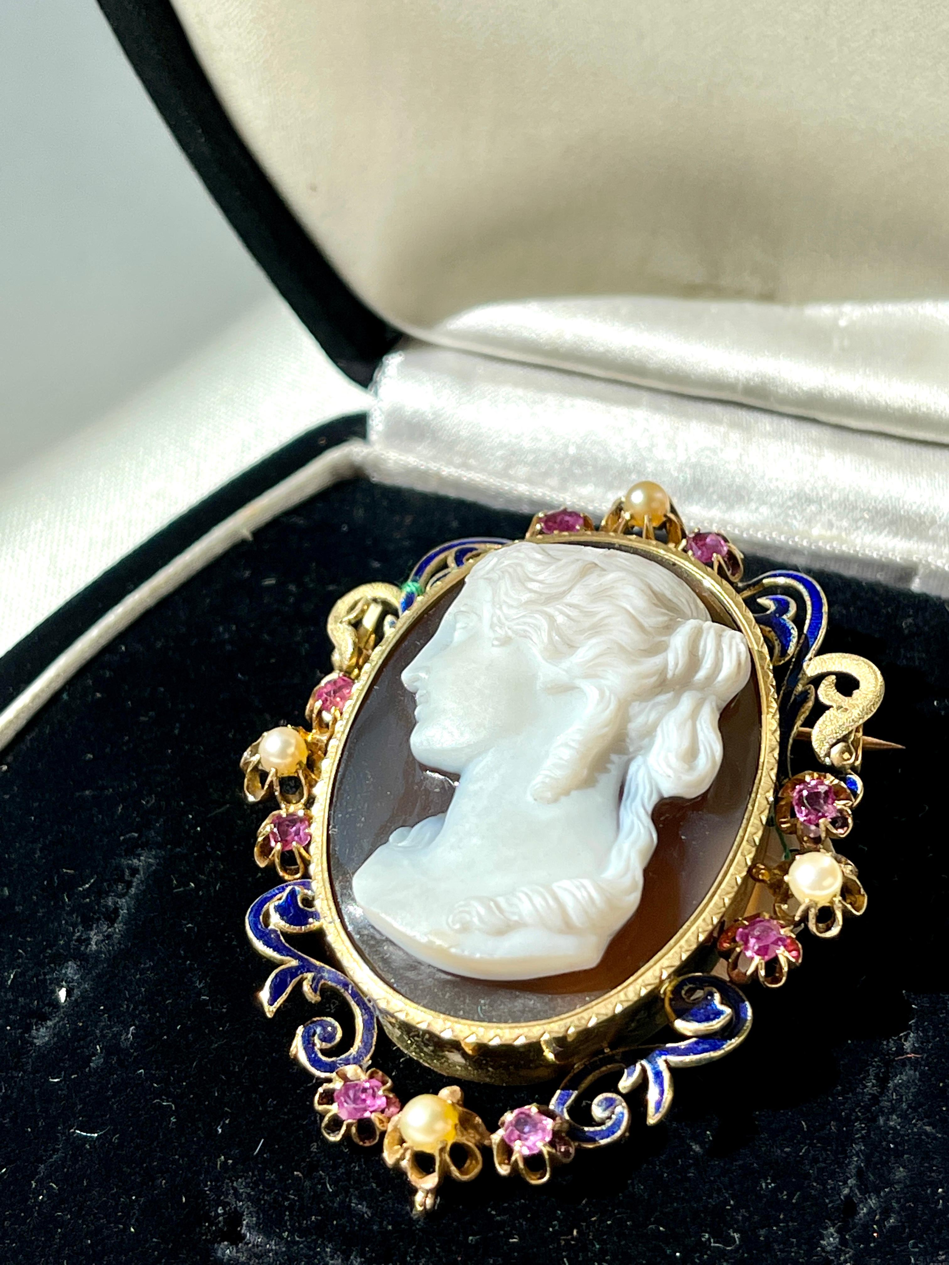 A Magnificent French Art Nouveau Cameo Brooch with a spectacular Agata Cameo depicting the side profile of a beautiful lady with ringlets and an impressive gold frame work. 

The detail across the cameo is breath taking and hand carved by a true