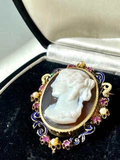 Art Nouveau Cameo Rubies Pearls Yellow Gold 1800s French Brooch