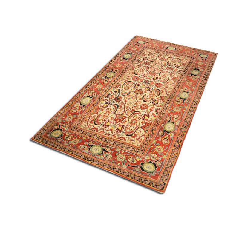 Agra rug from India.
- This rug was probably made under the request of a specific client of the time.
- Sacred design of Indian rugs from the 19th century and colorful in reds, yellows on a beige background.
- Collection piece in excellent