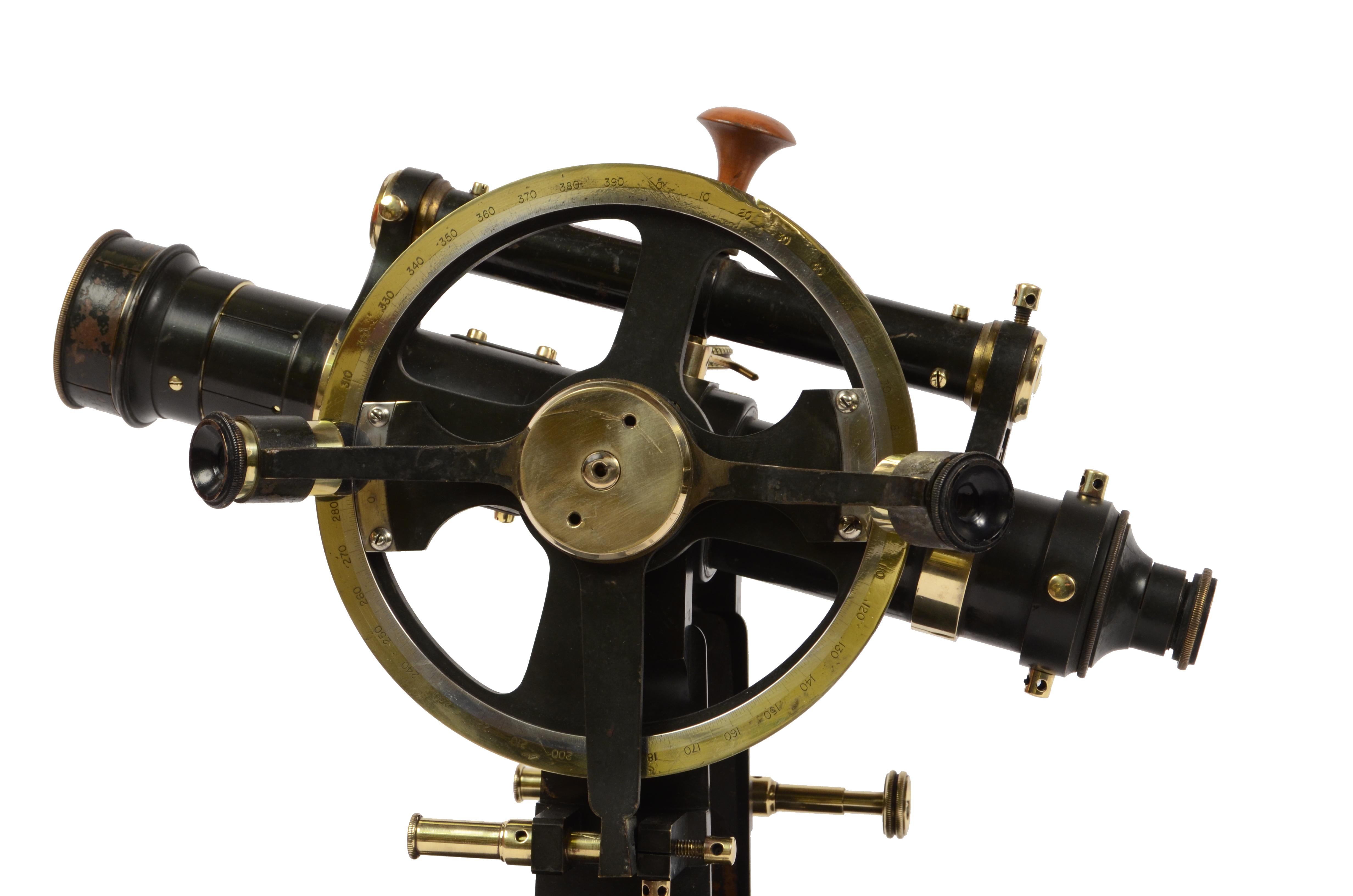 Antique theodolite of burnished brass signed Pietro Sbisà OMS Florence made in the second half of the 19th century.
This instrument was used in terrestrial observations for the measurement of horizontal and vertical angles and also used in the