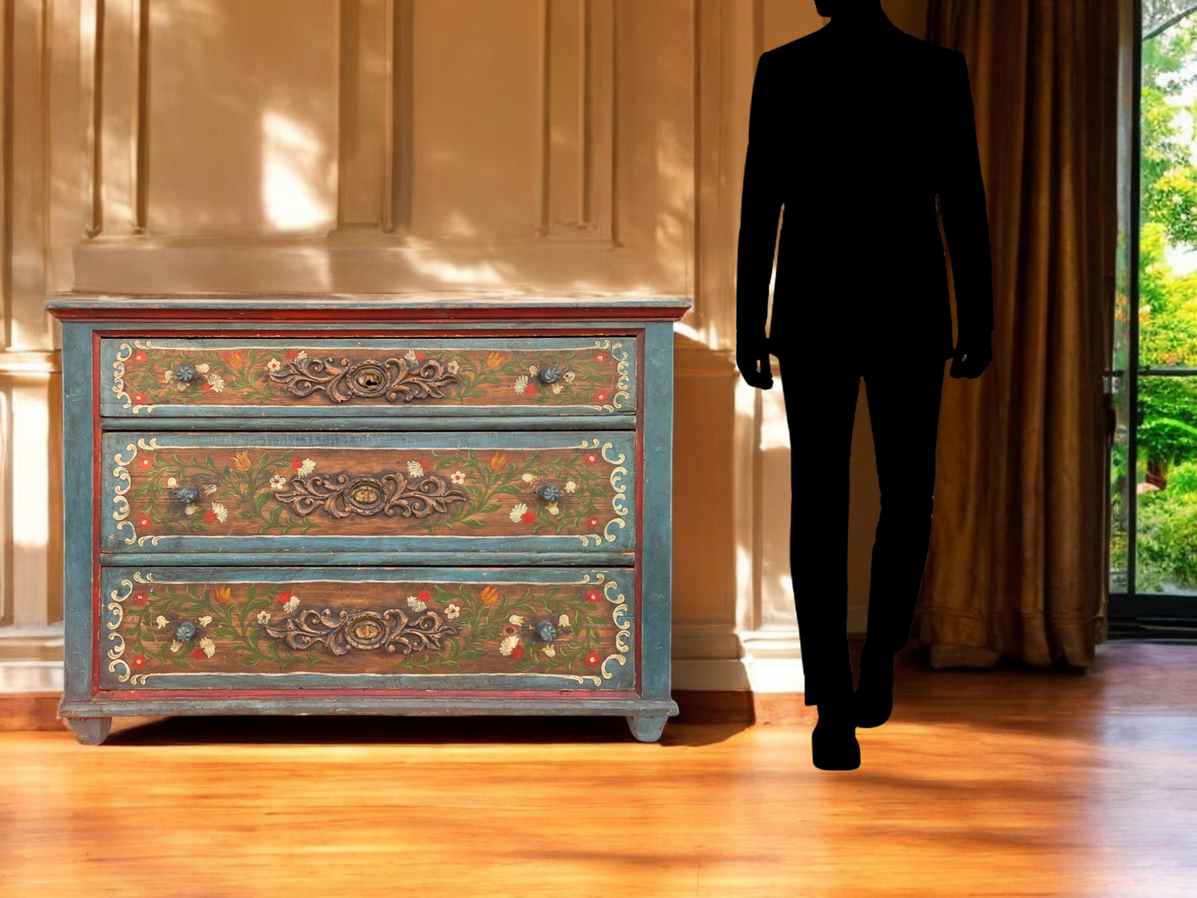 XIX Century Blue Floral Painted Chest of Drawers, Central Europe 6