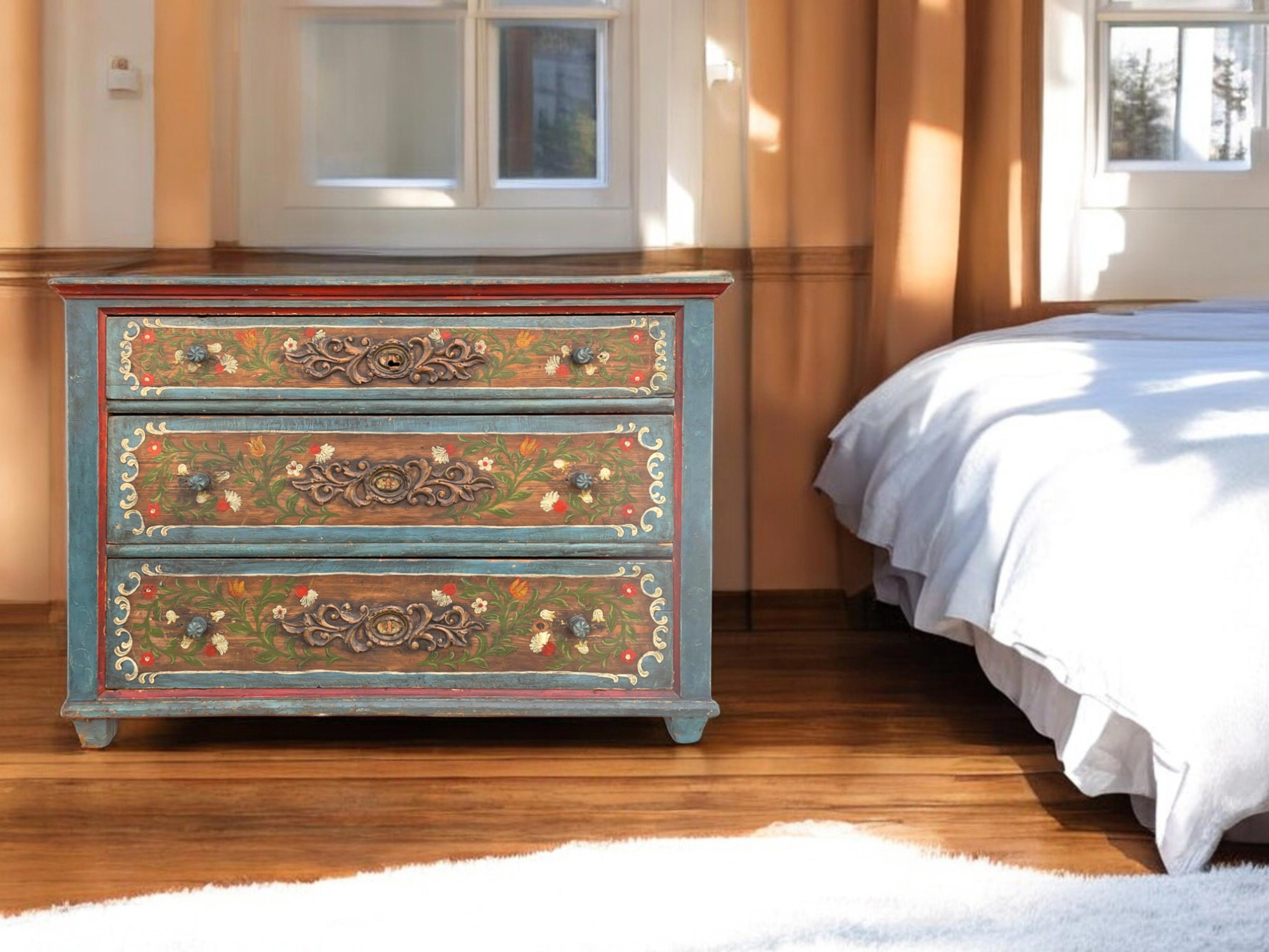 XIX Century Blue Floral Painted Chest of Drawers, Central Europe 7